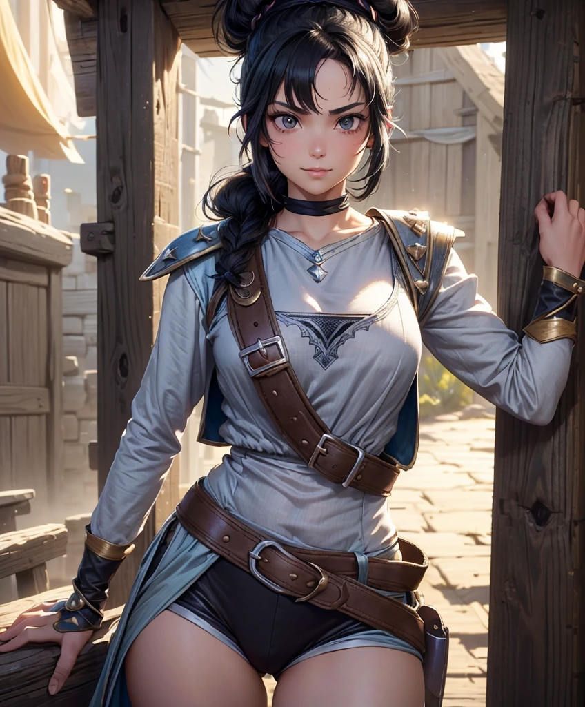 (((Single character image.))) (((1girl))) (((Dressed in medieval swashbuckler attire.))) (((Shoulder length hair))) (((Cute black hair in a topknot.))) Cute female swasbuckler.  Perfect physique.  Lusty smirk. dressed in a puffy shirt and pirate vest flirty, best quality:1.0,hyperealistic:1.0,photorealistic:1.0,madly detailed CG unity 8k wallpaper:1.0,masterpiece:1.3,madly detailed photo:1.2, hyper-realistic lifelike texture:1.4, picture-perfect:1.0,8k, HQ,best quality:1.0,