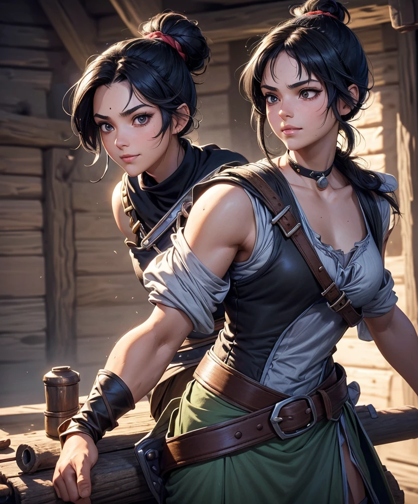 (((Single character image.))) (((1girl))) (((Dressed in medieval swashbuckler attire.))) (((Shoulder length hair))) (((Cute black hair in a topknot.))) Cute female swasbuckler. Perfect physique. Lusty smirk. dressed in a puffy shirt and pirate vest flirty, best quality:1.0,hyperealistic:1.0,photorealistic:1.0,madly detailed CG unity 8k wallpaper:1.0,masterpiece:1.3,madly detailed photo:1.2, hyper-realistic lifelike texture:1.4, picture-perfect:1.0,8k, HQ,best quality:1.0,