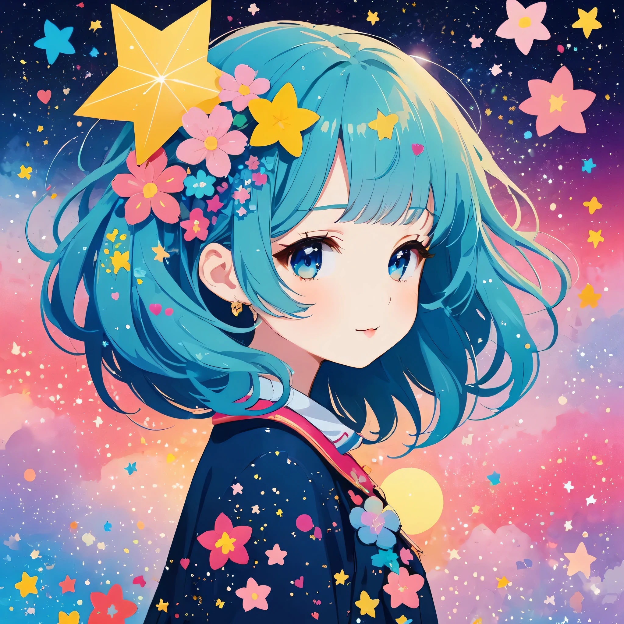 Micho style, Simple Line Initialism，Abstract art，Kawaii Design, The most beautiful girl of all time、chibi, The background is star dust, colorful hearts, colorful flowers,