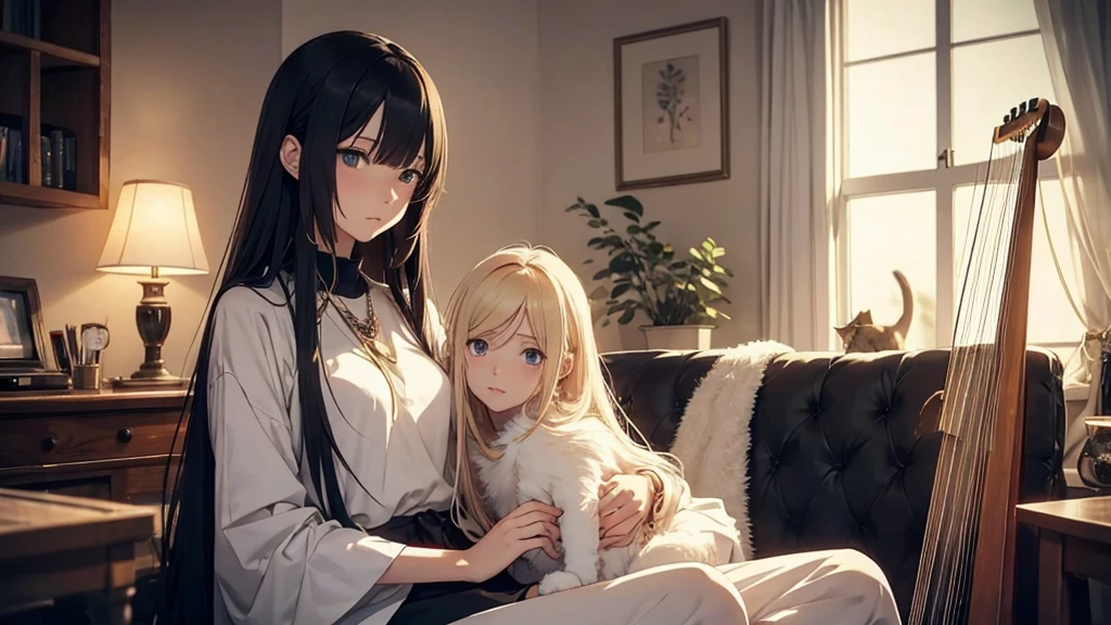 Mellow, an anime-style female character with long, straight hair and a serene expression, sitting with a cat on her lap in a cozy, softly lit room with a harp nearby. The ambiance is whispering vocal, easy listening, and lo-fi hip-hop.