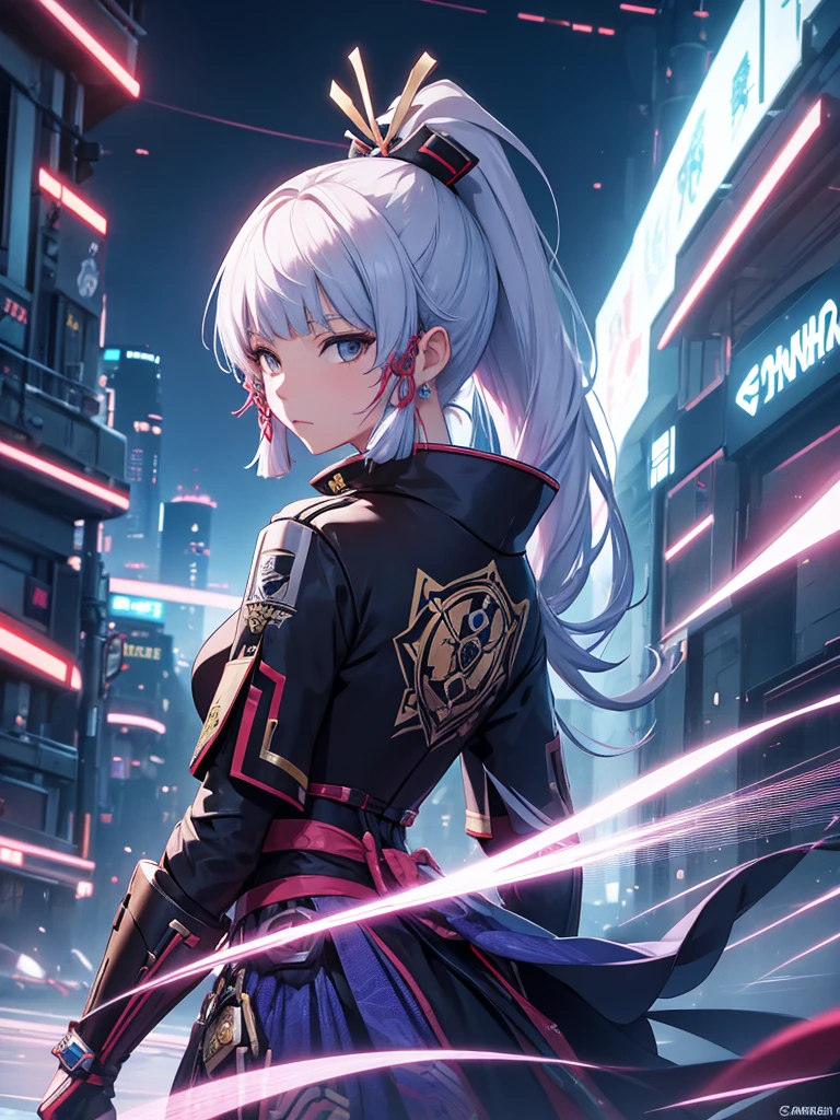 Ayaka from Genshin impact, 1woman, wearing a futuristic cyberpunk outfit, at future city, silver colour hair with ponytail style, 8k, high detailed, high quality