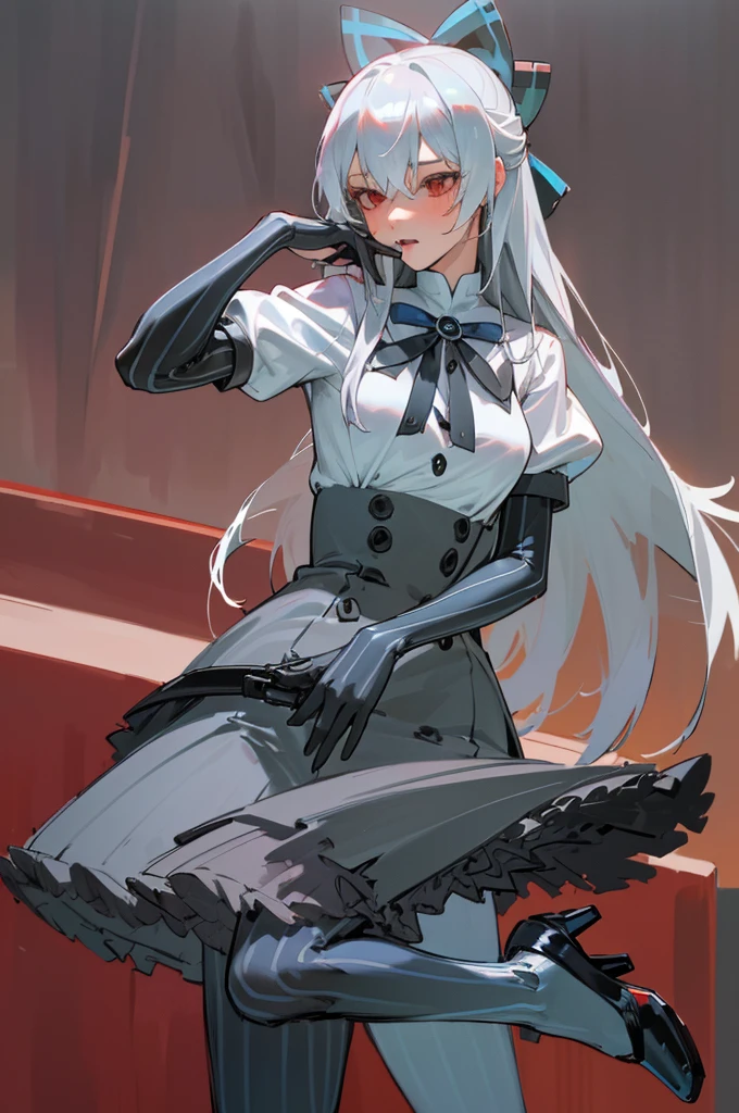 ((detailed), high_quality, master_quality, (realistic), wet, 8k, masterpiece, (Tokarev), silver_hair, long_hair, red_eyes, sexy, slim_figure, (school_uniform), high_heels, pistol_on_the_hip, dynamic_lightning, villain