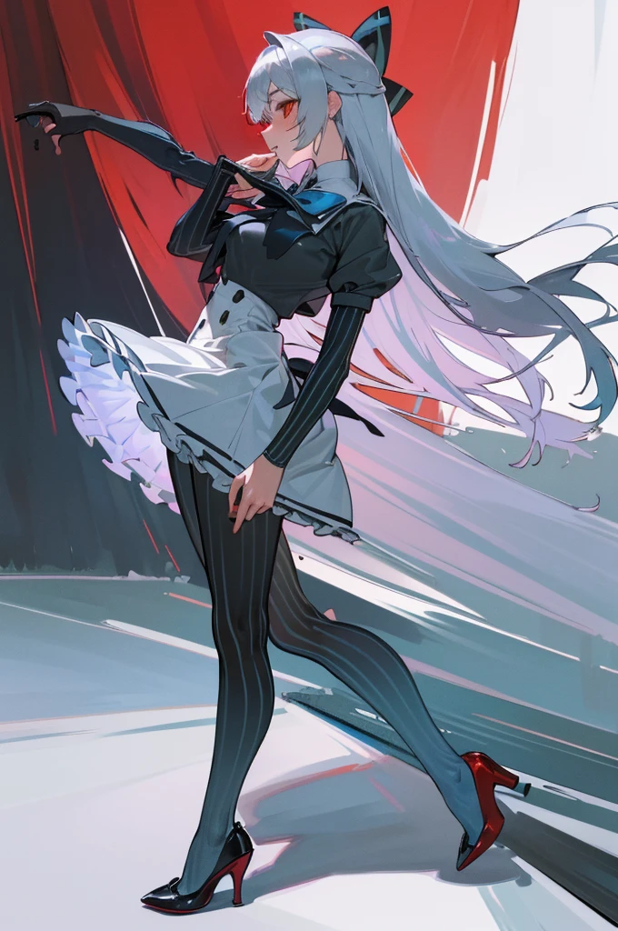 ((detailed), high_quality, master_quality, (realistic), wet, 8k, masterpiece, (Tokarev), silver_hair, long_hair, red_eyes, sexy, slim_figure, (school_uniform), high_heels, pistol_on_the_hip, dynamic_lightning, villain