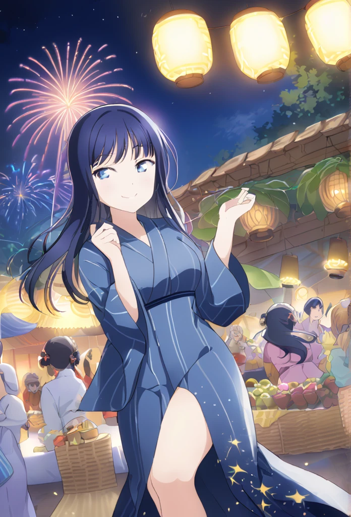 Asaka fruit forest Long back hair Blue Hair Dark blue eyes Semi-long hair Blue Yukata smile Larger breasts full moon fair Starry Sky Fireworks