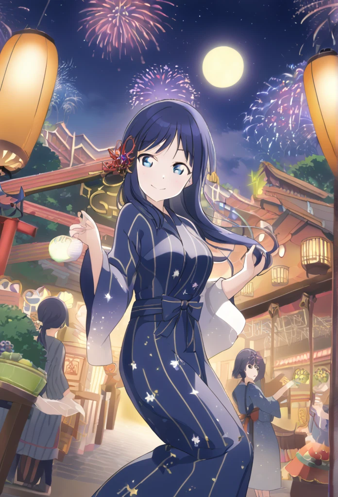 Asaka fruit forest　Long back hair　Blue Hair　Dark blue eyes　Semi-long hair　Blue Yukata　smile　Larger breasts　full moon　fair　Starry Sky　Fireworks