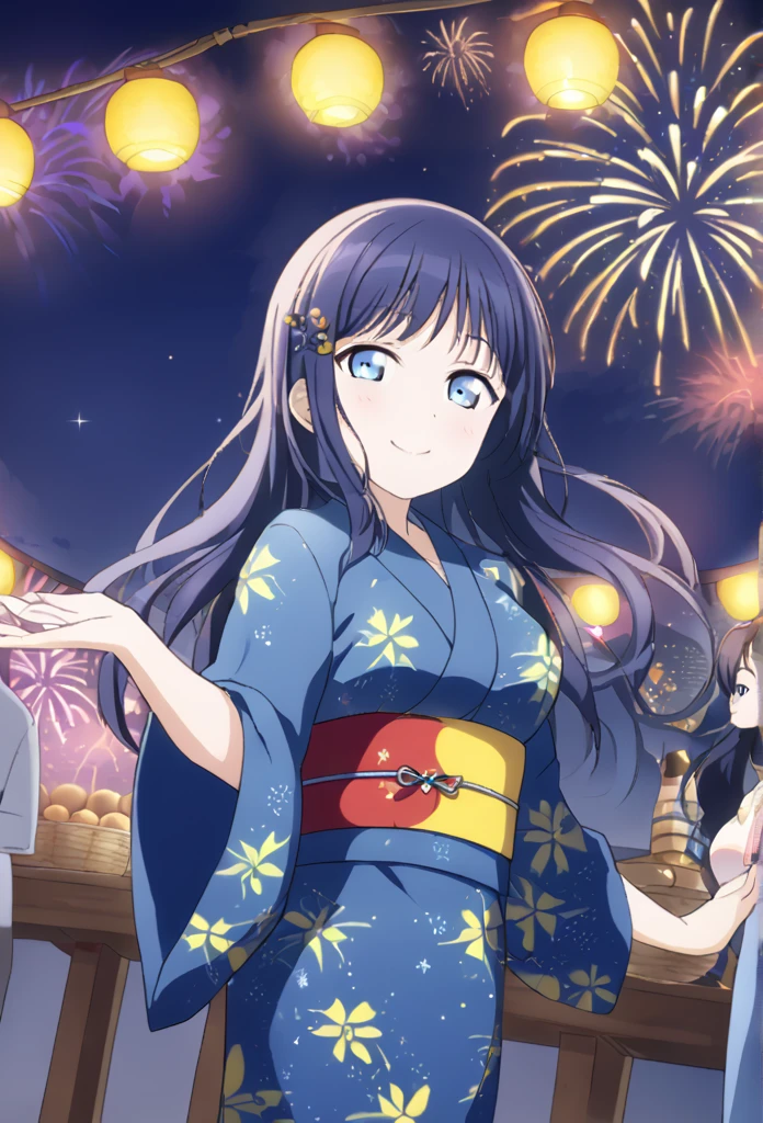 Asaka fruit forest Long back hair Blue Hair Dark blue eyes Semi-long hair Blue Yukata smile Larger breasts full moon fair Starry Sky Fireworks