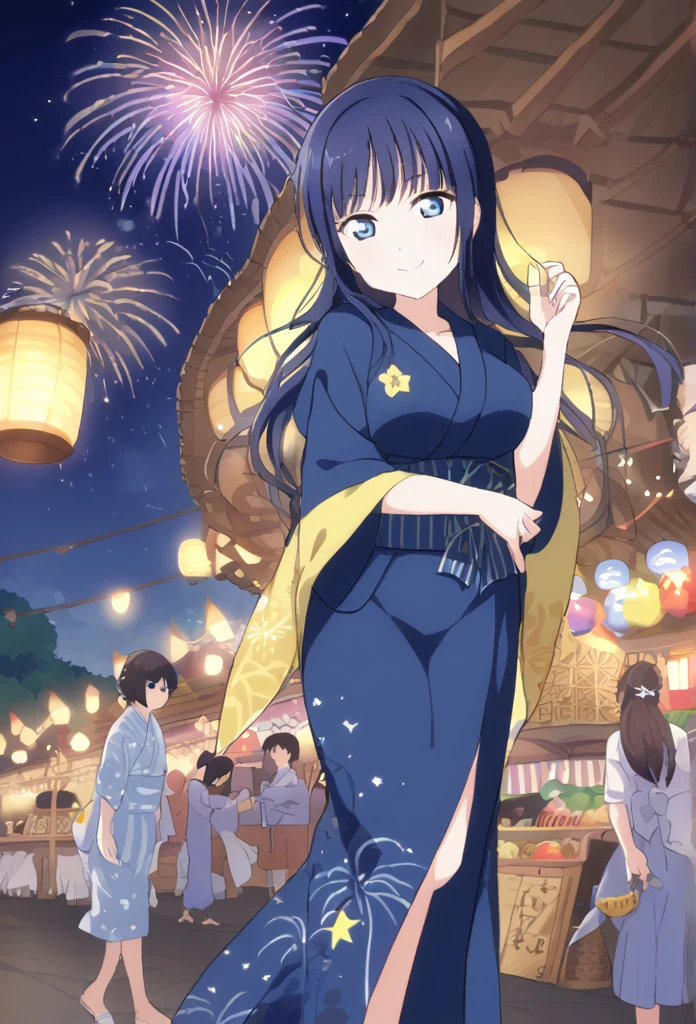 Asaka fruit forest Long back hair Blue Hair Dark blue eyes Semi-long hair Blue Yukata smile Larger breasts full moon fair Starry Sky Fireworks