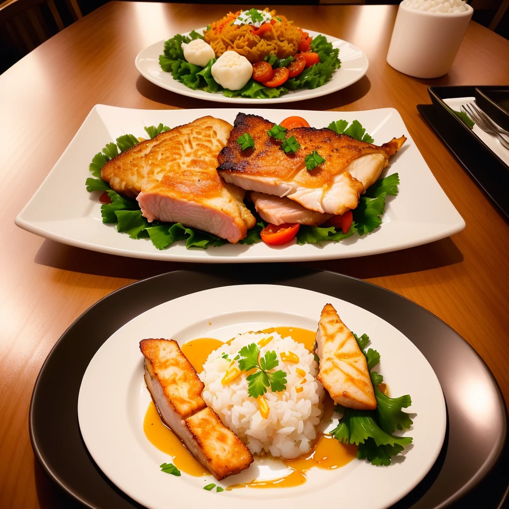 there is a white plate with a piece of meat and vegetables on it, cooked, on a plate, high quality scan, ready to eat, served on a plate, dinner is served, taken with sony alpha 9, momoshiki ōtsutsuki, very very low quality, closeup at the food, bad quality, very crispy, fish in the background
