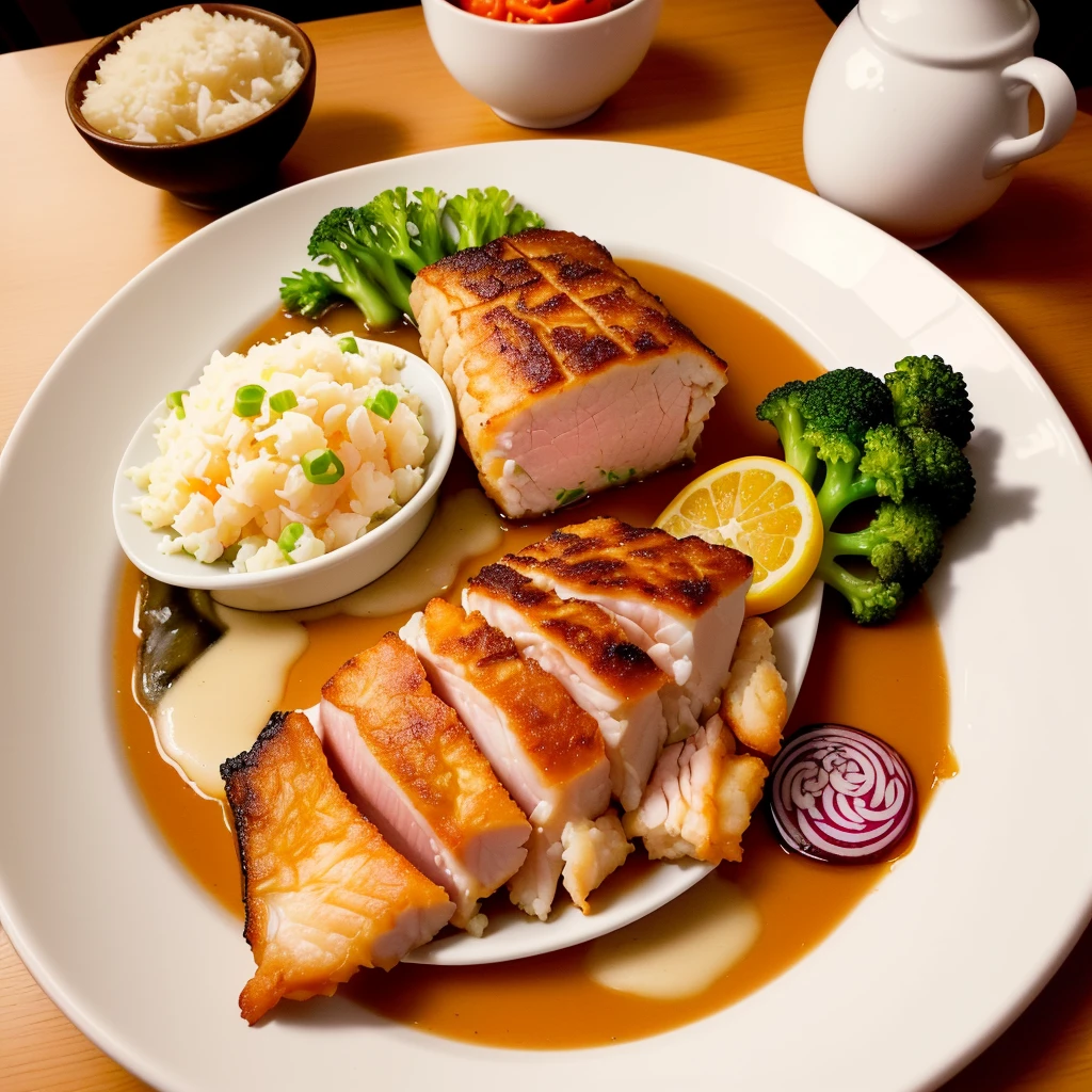 there is a white plate with a piece of meat and vegetables on it, cooked, on a plate, high quality scan, ready to eat, served on a plate, dinner is served, taken with sony alpha 9, momoshiki ōtsutsuki, very very low quality, closeup at the food, bad quality, very crispy, fish in the background