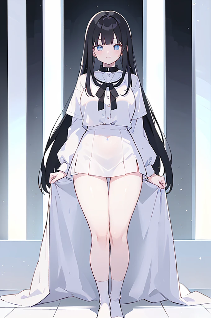 masterpiece, 8K, Detailed face, best quality, Must be created as described, (1 girl, alone, 20 years old, 158cm), (Black hair, long hair, Straight Hair, Bangs), (innocent, Big blue eyes like diamonds), (fair skin), (Wearing a simple white shirt, Shirt length no longer than thigh), (Black panties, Low waist style, Show your thighs), (Wearing only white socks), (Has black leather collar), (The expression looks shy, but with a smile), (light black background, movie lighting, Full body portrait, Facing the audience, Stand Up Straight, symmetry)