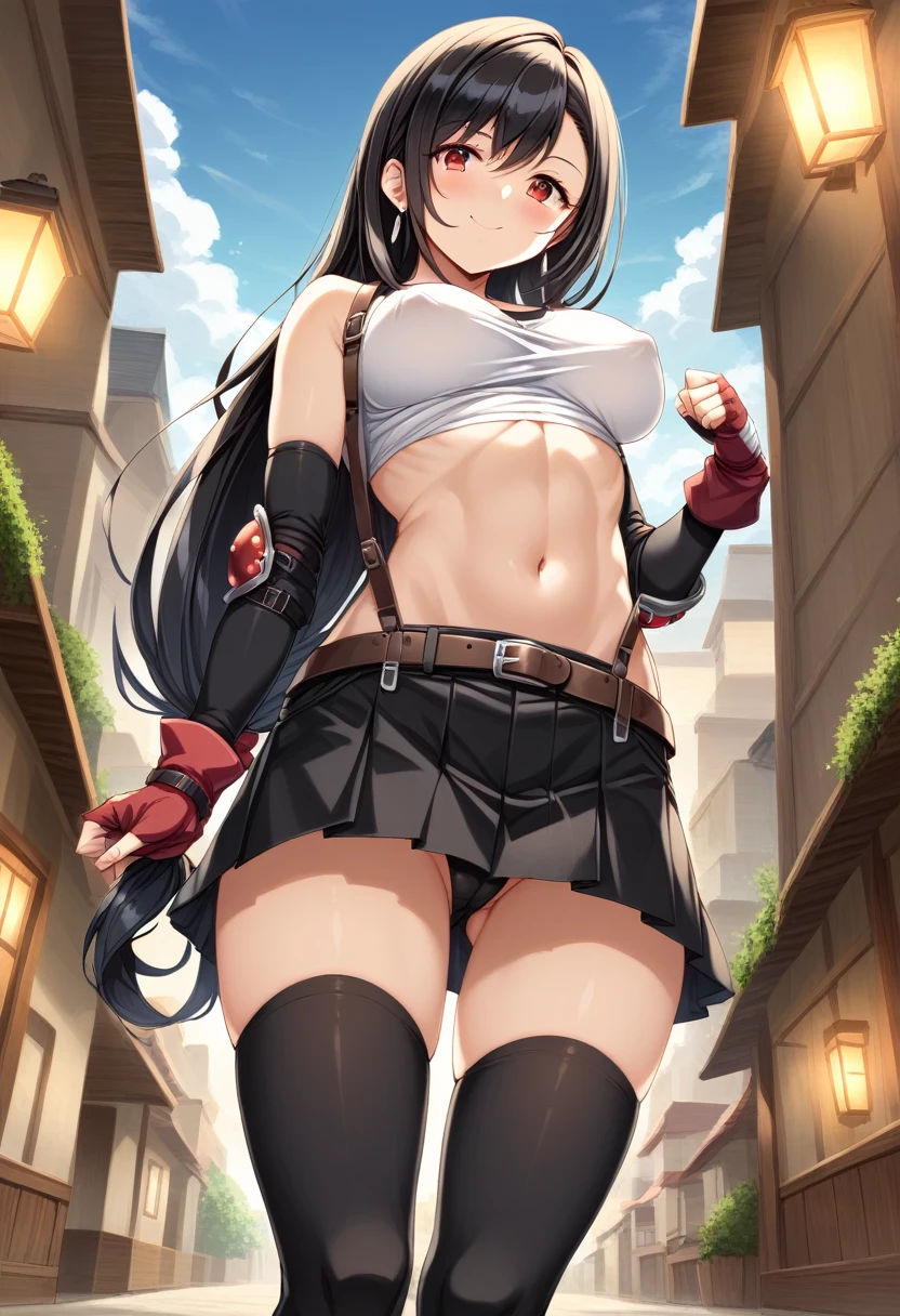 score_9, score_8_up, score_7_up, ,front_view,breast below view,,(soro focus),standing,straight-on,,(tank top lift;1,3),(),puffy nipple,,(mediumshot:1),looking_at_viewer ,1girl, tifa lockhart, final fantasy,(beautiful woman). tareme,black hair, low-tied long hair, red eyes, bangs, white tank top,gap, belt, pleated skirt, thighhighs, elbow fingerless gloves, elbow pads, midriff, navel,suspender skirt.zettai ryouiki ,(large_breasts:1),((perky breasts;1,3)),(light smile),slender_waist:1.2 ,Solo,,(daytime and outdoors),(masterpeace),(best quality),((aesthetic,very aesthetic)),,highly detailed,(megami_magazine),(professional lighting),(cinematic lighting),great lighting,