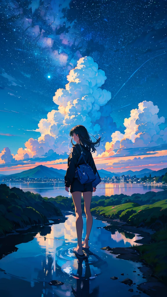 masterpiece, Exquisite detail,Highest quality, One girl, alone, handrail, cloud, buildings,Long Hair, zero, Long sleeve, Power lines, White footwear, Black Hair, Electric pole, bangs, cloudy zero, fish, bird, Green Eyes, Shorts, Day, Black Shirt, barefoot,Star,milky way,Meteors,Pitch black,Buildings,High quality anime art style，Standing painting，Splash ink background,Blue Themes,Clear Face,Distinct facial features,Fuji Mountain,Fuji Mountain,Vast Nature,Looking at me,View from behind,Shining Star々,milky way,Standing in water,Bright sky,Daytime