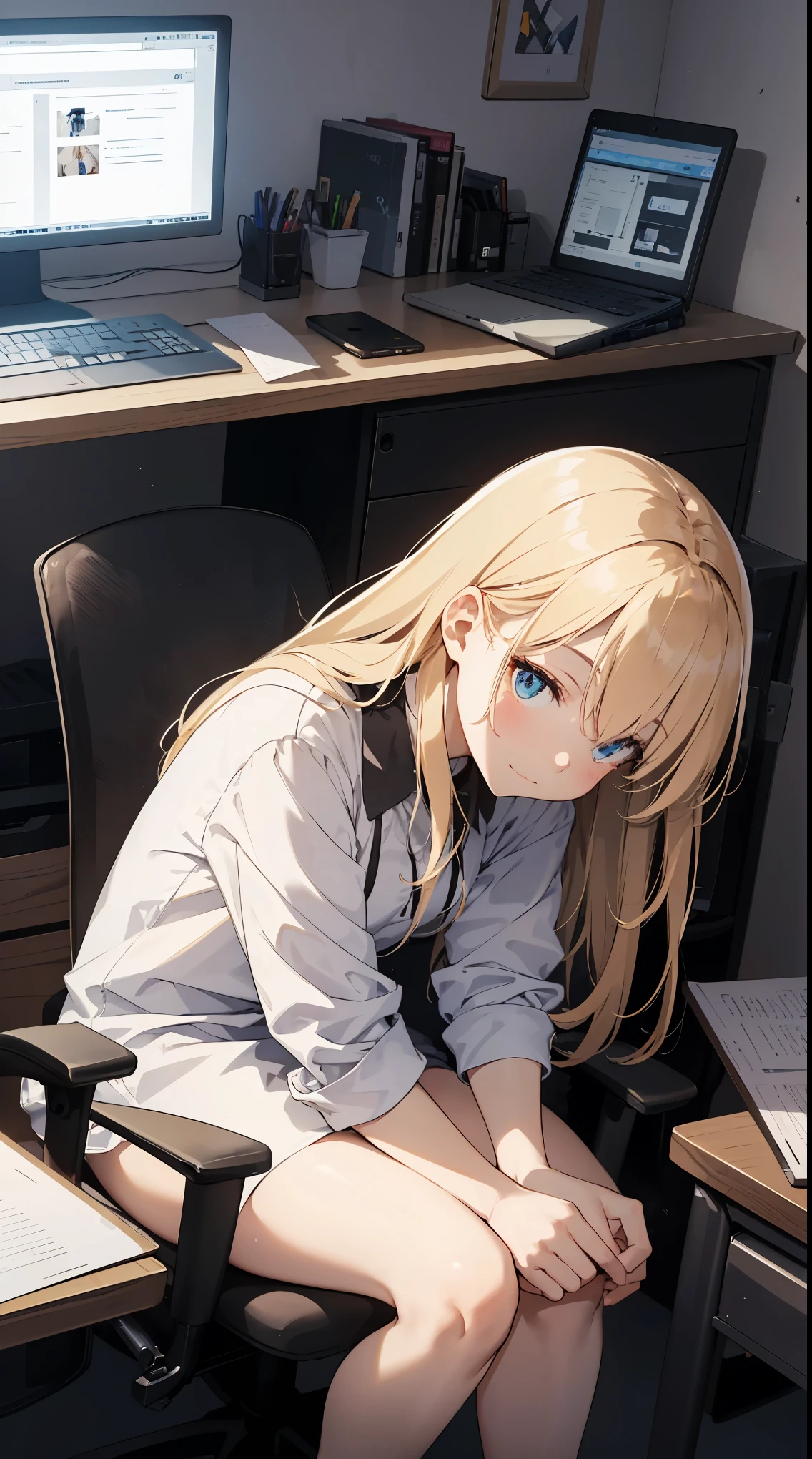 This illustration depicts a cute girl working in an office in a high-rise building, at a moment when she is tired of the situation. She is working on her laptop and is facing the monitor. His eyes are shining. Inside the room are piles of documents, an office desk and chair, a monitor, etc. However, the most notable thing is the "final mysterious high-energy body" she emits. This energy body is released from her body and has the power to obliterate the garbage in the room. emits a pale, white light that reaches every corner of the room. The view from the window is a night view. A girl with a satisfied expression is sitting.(night)
