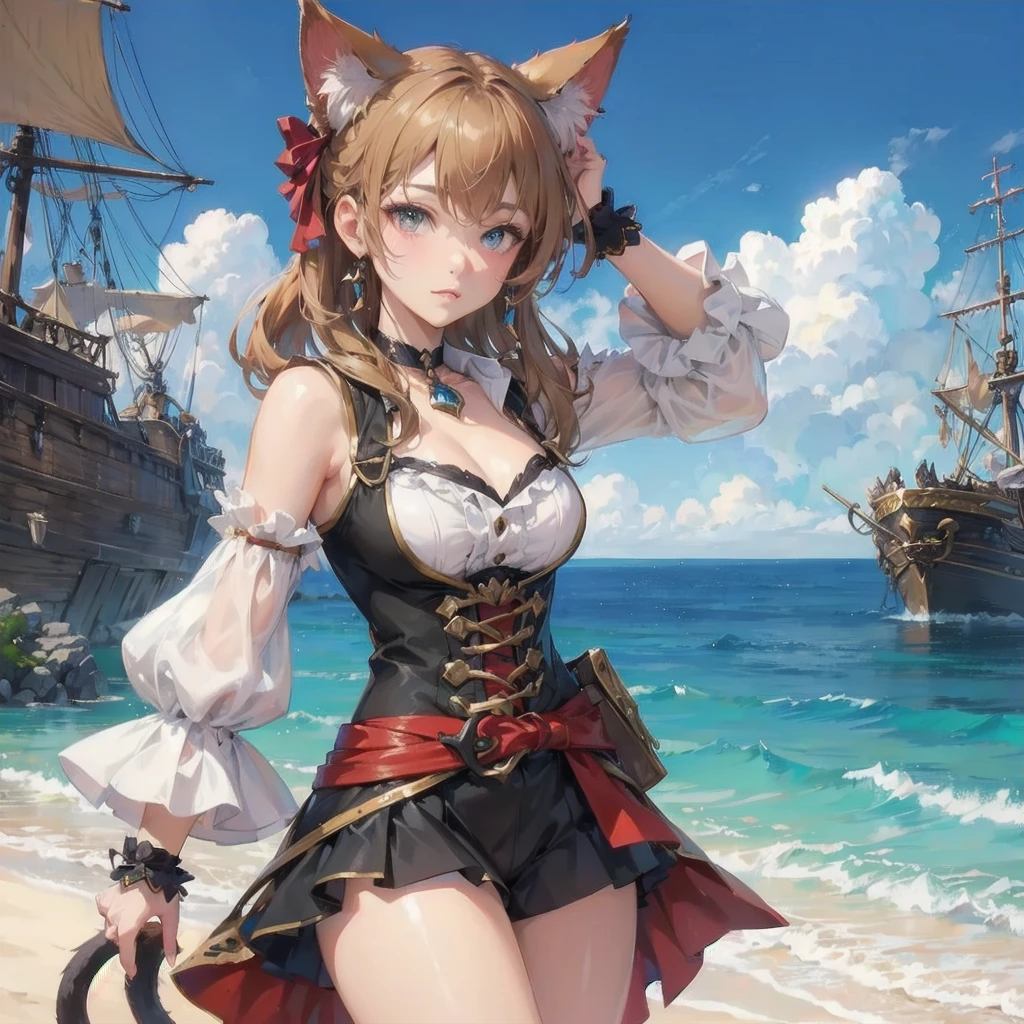 masterpiece, (textured skin), best quality, gorgeous beautiful girl, (a female
cat ears,cat tail),pirate,detailed clothes,large breasts,narrow waist,, (beautiful face), cinematic lighting, (fantasy anime art ),