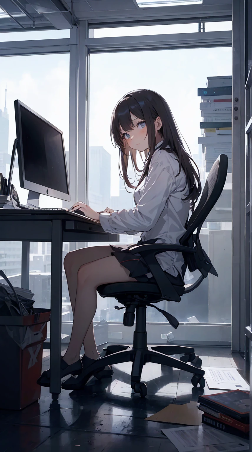 This illustration depicts a cute girl working in an office in a high-rise building, at a moment when she is tired of the situation. She is working on her laptop and is facing the monitor. His eyes are shining. Inside the room are piles of documents, an office desk and chair, a monitor, etc. However, the most notable thing is the "final mysterious high-energy body" she emits. This energy body is released from her body and has the power to obliterate the garbage in the room. emits a pale, white light that reaches every corner of the room. The view from the window is a night view. A girl with a satisfied expression is sitting.(night)