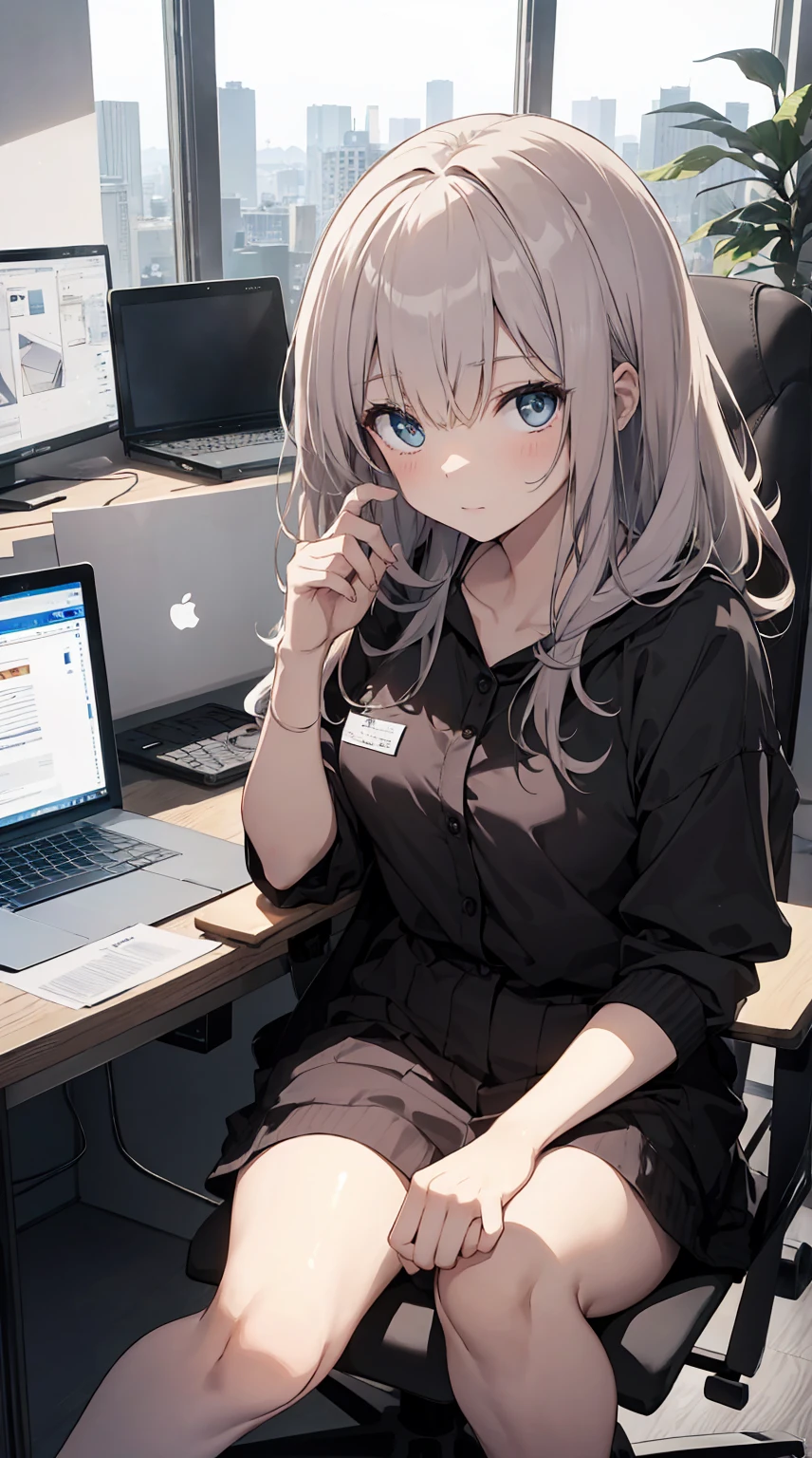 This illustration depicts a cute girl working in an office in a high-rise building, at a moment when she is tired of the situation. She is working on her laptop and is facing the monitor. His eyes are shining. Inside the room are piles of documents, an office desk and chair, a monitor, etc. However, the most notable thing is the "final mysterious high-energy body" she emits. This energy body is released from her body and has the power to obliterate the age in the room. emits a pale, white light that reaches every corner of the room. The view from the window is a night view. A girl with a satisfied expression is sitting.(night)