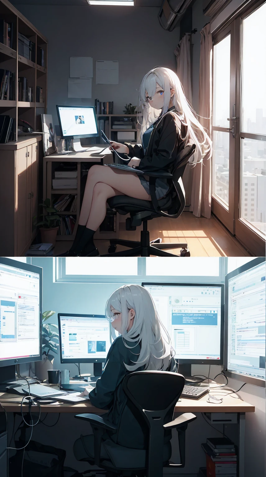 This illustration depicts a cute girl working in an office in a high-rise building, at a moment when she is tired of the situation. She is working on her laptop and is facing the monitor. His eyes are shining. Inside the room are piles of documents, an office desk and chair, a monitor, etc. However, the most notable thing is the "final mysterious high-energy body" she emits. This energy body is released from her body and has the power to obliterate the garbage in the room. emits a pale, white light that reaches every corner of the room. The view from the window is a night view. A girl with a satisfied expression is sitting.(night)