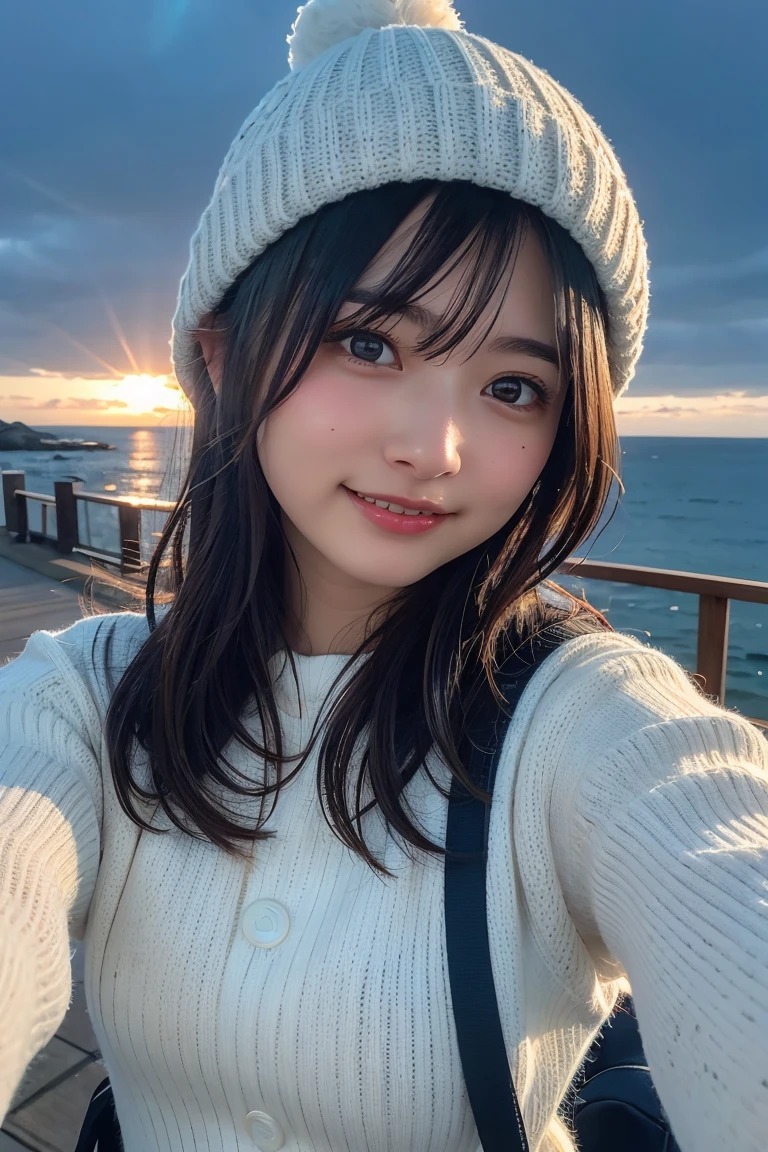 (Upper body selfie:1.3),winter seaside、A spectacular view from the coast、Snow Scene、Beautiful sunrise、Remove the beam from above、Backlight、Generate images of beautiful women from around the world、Especially while reflecting elements of Western beauty。A woman with a natural smile and attractive facial expression、Clear Skin、Eyes sparkling、Expresses an elegant atmosphere。alone、Backpack、Knitted hat、sweater、gloveountain boots、A strong wind is blowing、Hair fluttering in the storm,(8K quality,Tabletop,Highest quality,Ultra-high resolution output images,),(Highly detailed RAW photos:1.3),(Picture Mode Ultra HD),