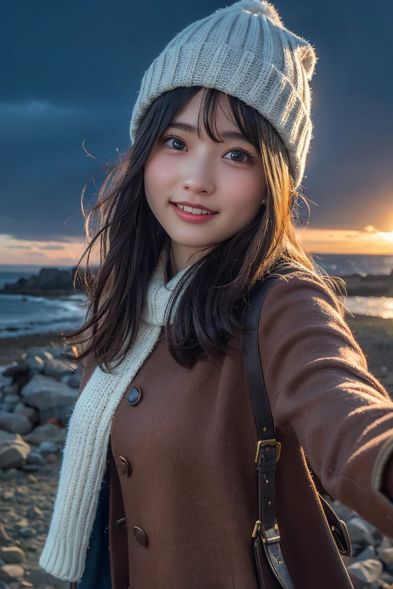 (Upper body selfie:1.3),winter seaside、A spectacular view from the coast、Snow Scene、Beautiful sunrise、Remove the beam from above、Backlight、Generate images of beautiful women from around the world、Especially while reflecting elements of Western beauty。A woman with a natural smile and attractive facial expression、Clear Skin、Eyes sparkling、Expresses an elegant atmosphere。alone、Backpack、Knitted hat、sweater、gloveountain boots、A strong wind is blowing、Hair fluttering in the storm,(8K quality,Tabletop,Highest quality,Ultra-high resolution output images,),(Highly detailed RAW photos:1.3),(Picture Mode Ultra HD),