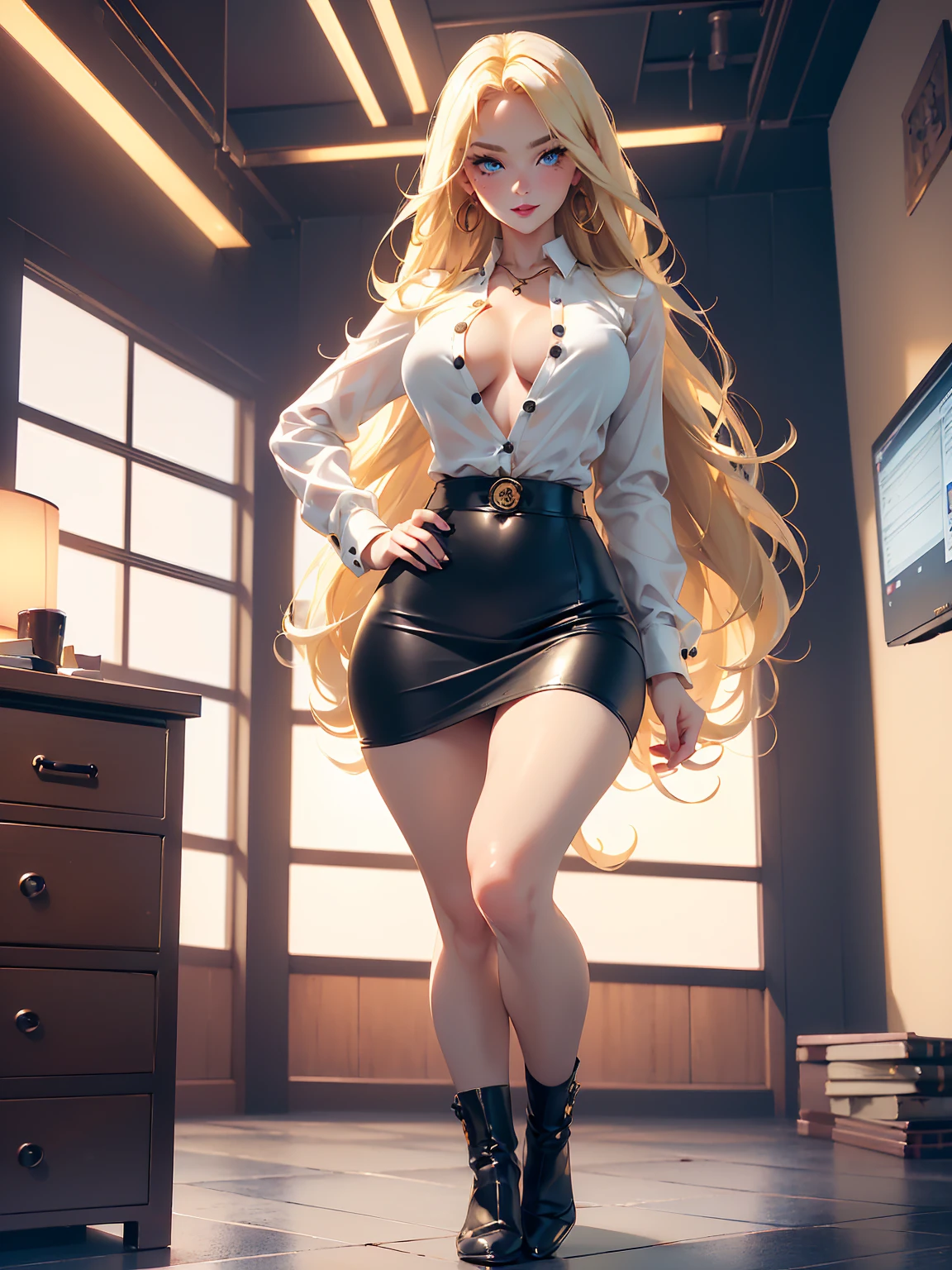 (((Blonde stunning hair))), (blue eyes), blue necklace, Golden earrings, Fit, Gorgeous Body, gorgeous, brown eyebrows, (two moles over lip), big pupils, (23 years old), 1girl,solo, complex skin, warm light, (large ), wide thighs, round butt, 5gers, ((blushing)), ((detailed face, best quality)), ((masterpiece)), ((ultra-detailed)), (beautiful detailed eyes), red lip, eyeshadow, beautiful face, long hair, very detailed eyes, intricate details in eyes, perfect lips, good lighting, ((black leather skirt and white shirt, buttons ope in Japanese anime office room, workplace background, evil smile, cleavage, from (full body:1.5)), sitting next to computer, legs crossed, armpits showing