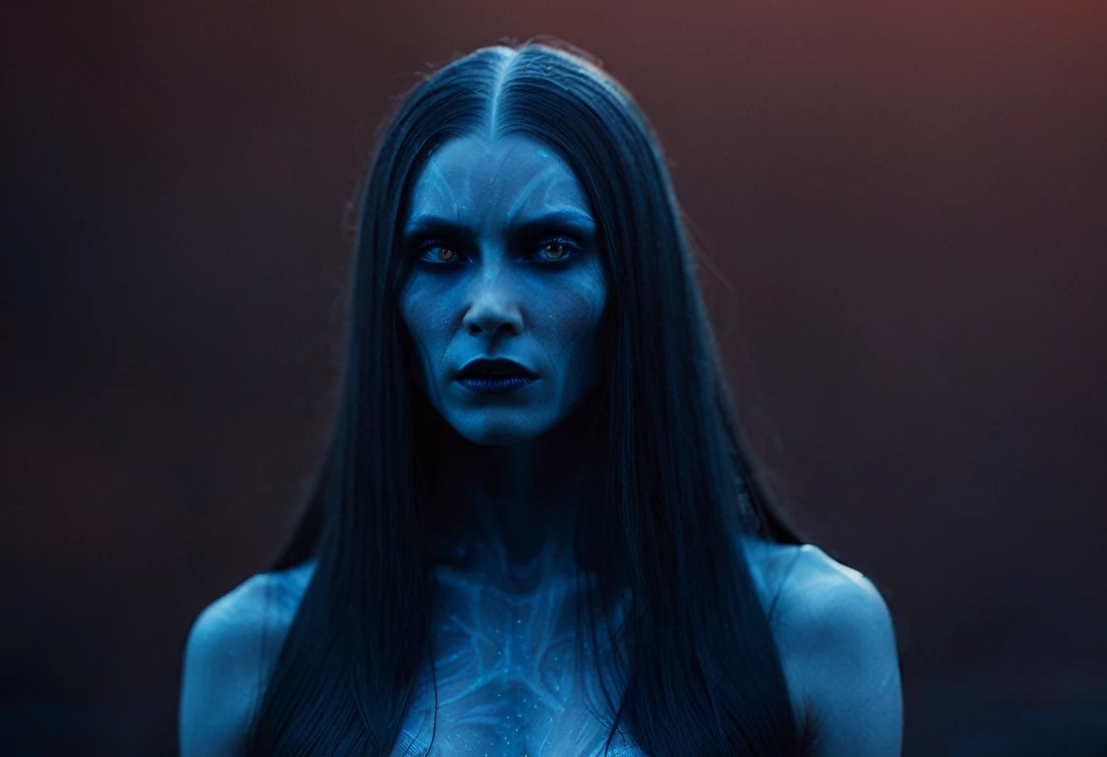 Fashionable of androgynous alien looking witch wearing veil, glowing eyes, beautiful evil slavic muscular woman, pale skin, long hair, futuristic design, minimal details, givenchy, photoreal, 200mm, hd, f/ 2.0, highly detailed, surreal , drop dead, in the style of red and blue, (intricate details, hyperdetailed:1.15) (skin texture:1.2), cinematic, professional, 4k, (((dynamic model pose))), sitting, full body, mesmerizing, dynamic, dramatic, sensual, dynamic pose, highly detailed skin with hair, subcutaneous veins, light and shadow play, highly detailed,24mm photograph, film, bokeh, professional, 4k,