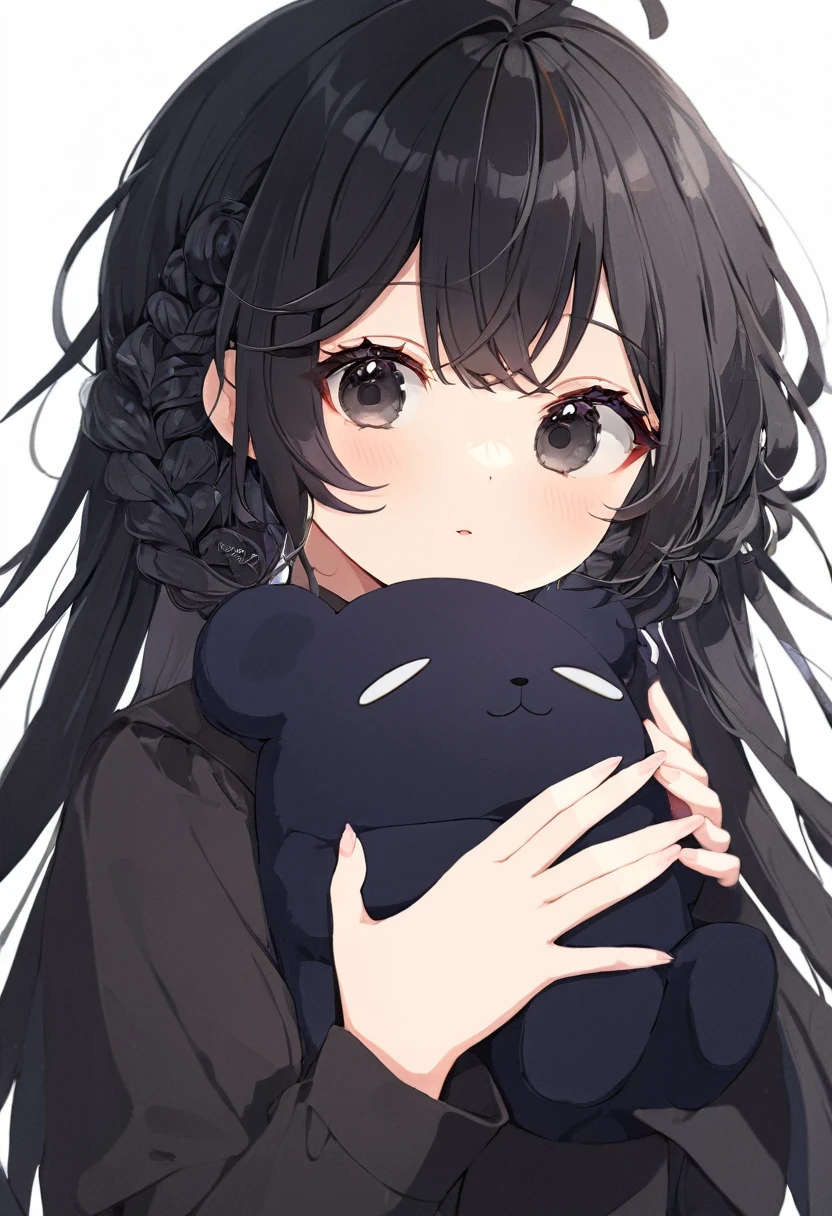 Super detailed,(Highest quality),((masterpiece)),(High resolution),original,Highly detailed 8k wallpaper,(Very delicate and beautiful),Highest_hand,anime,Black Hair,Long Hair,Parting her bangs,Center parted bangs,Softly curled hair,流行のcute女の子,black eye,Black bare-chested clothing,cute,Upper body only,Beautiful pupils,White background