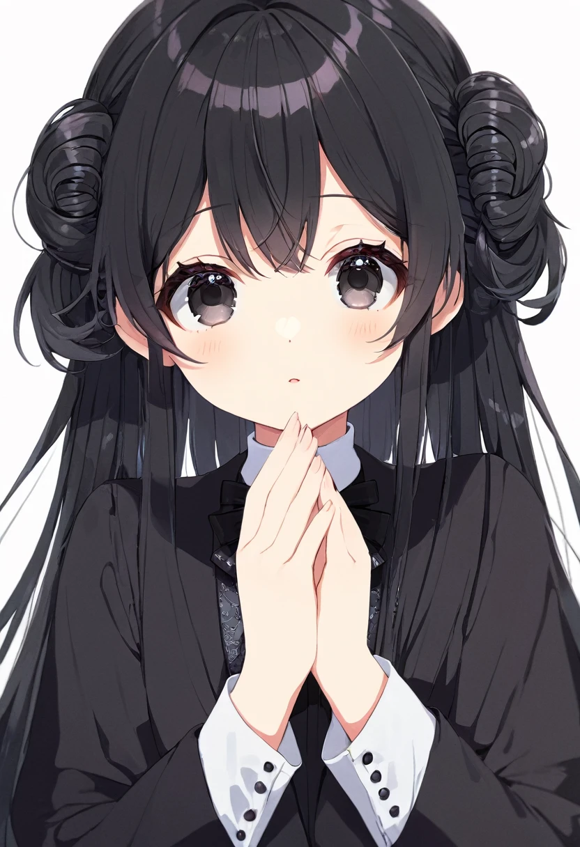Super detailed,(Highest quality),((masterpiece)),(High resolution),original,Highly detailed 8k wallpaper,(Very delicate and beautiful),Highest_hand,anime,Black Hair,Long Hair,Parting her bangs,Center parted bangs,Softly curled hair,流行のcute女の子,black eye,Black bare-chested clothing,cute,Upper body only,Beautiful pupils,White background