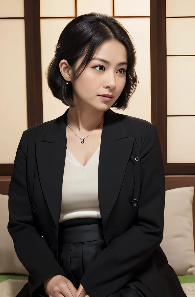 ((one woman,The most beautiful face in Japan,40 years,old face,milf,Wrinkles appear around the eyes,pregnancy,big tummy, big bust, long hair, perfect gas chamber,Shot from close,looking at the camera,View here)),((((black shirt,black suit jacket,black skirt,black mourning clothes)))),((pearl necklace,classy hairstyle,natural makeup,My chest swells so much,laugh here,lowered eyebrows,drooping eyebrows,Looking at them with a loving expression,sitting in a japanese room,Japanese-style tatami room,sliding door,,Seowon Building,Sitting on a cushion in a room in Japan,looking at the camera,look at the camera,Take a photo on your lap)),((change it to this,View here,perfect fingers,perfect arms,detailed background,top quality,Ultra-high definition,complete anatomy,High-quality RAW color photos,professional photography, very delicate and beautiful, very detailed,in detail, huge file size,Best image quality,8K,winning photo,table top))
