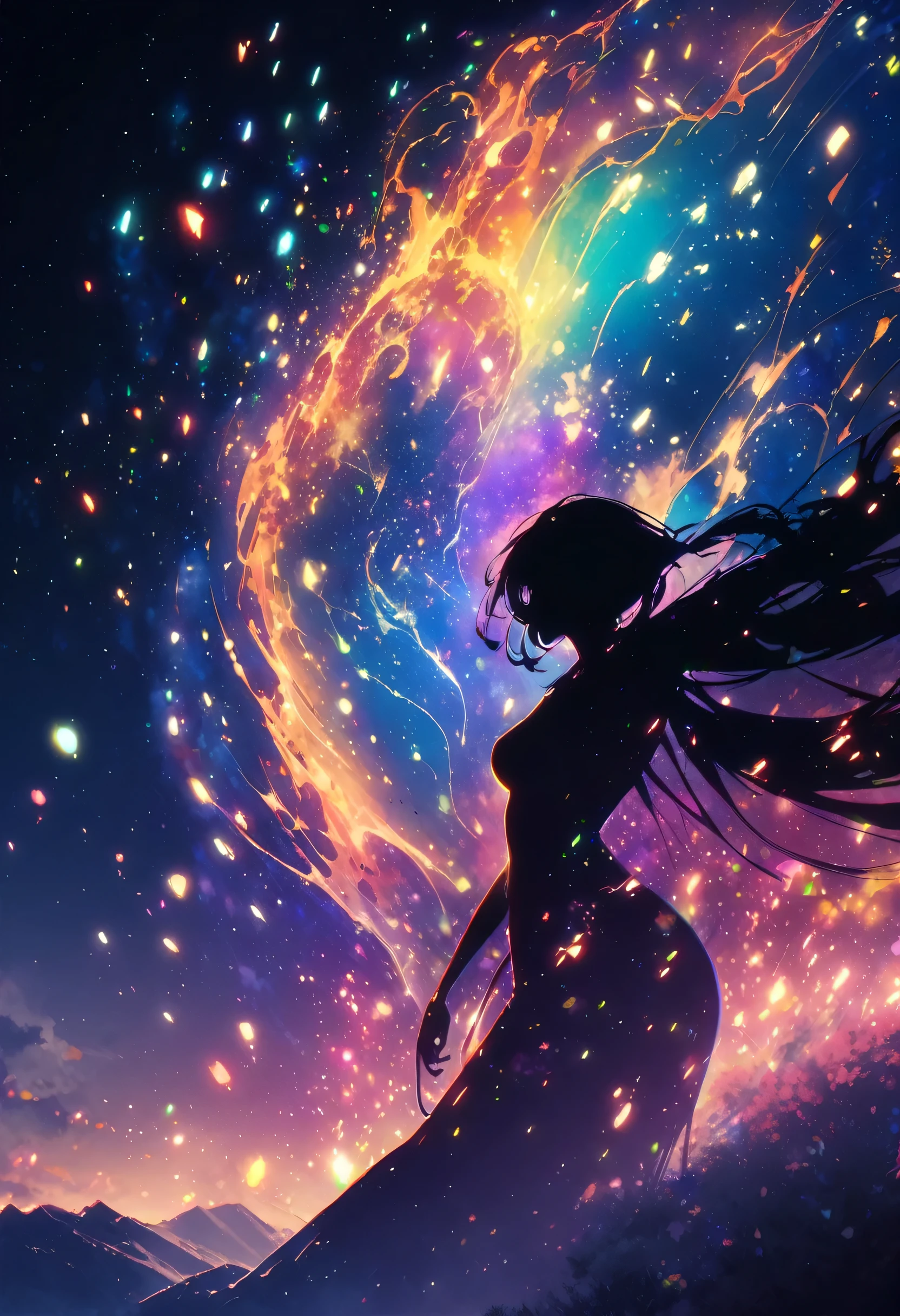 (The human body melts into particles of light:1.4), silhouette、Grains of light stretching across the screen, Colorful particles、Woman body silhouette、Farbe々なFarbeの星の背景、diego gisbert lawrence、Joe San Gonzalez Dan Mumford、Picture book illustrations、Psychedelic Art、Starry Sky、nebula、vague、superwide shot、Highest quality、Ultra-detailed、Intensive、Golden ratio composition、