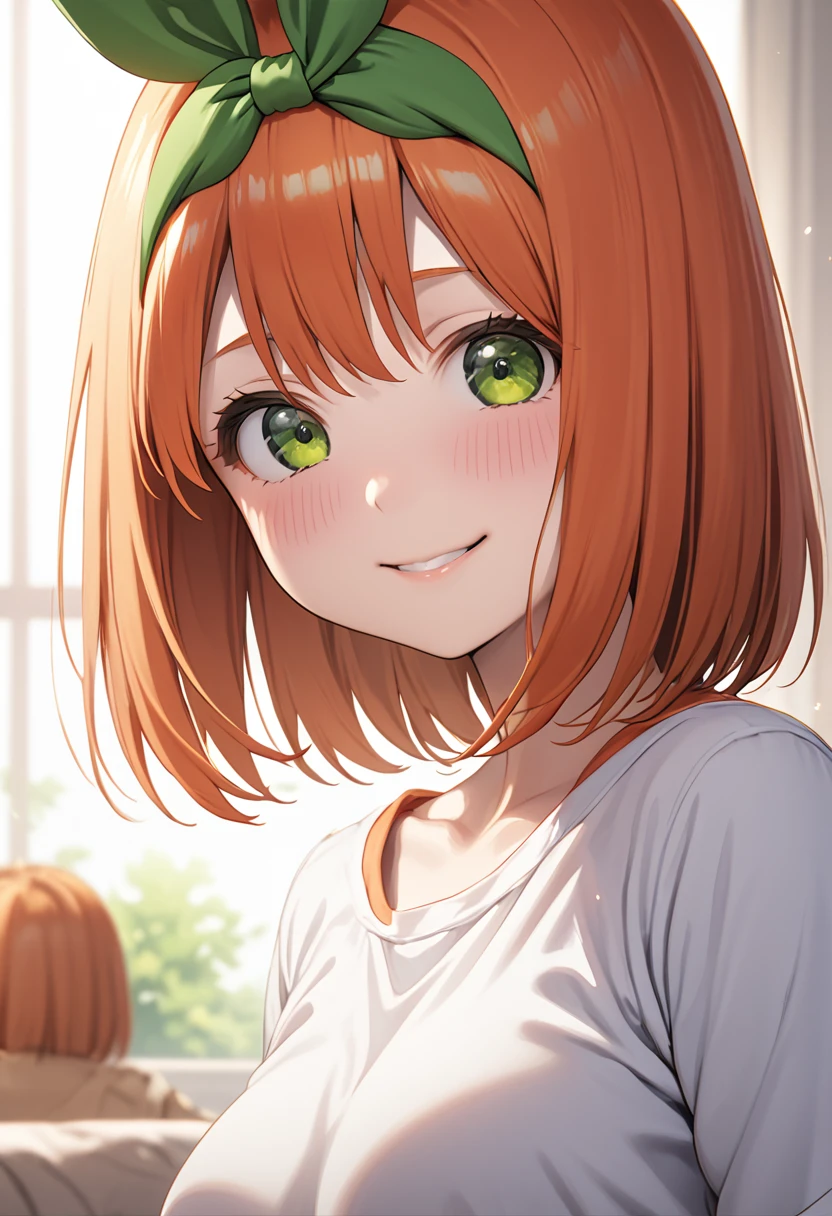 (Highest quality、Masterpiece、Very detailed、4K)、One Woman、、short hair、Orange Hair、(((Nakano Yotsuba)))、smile