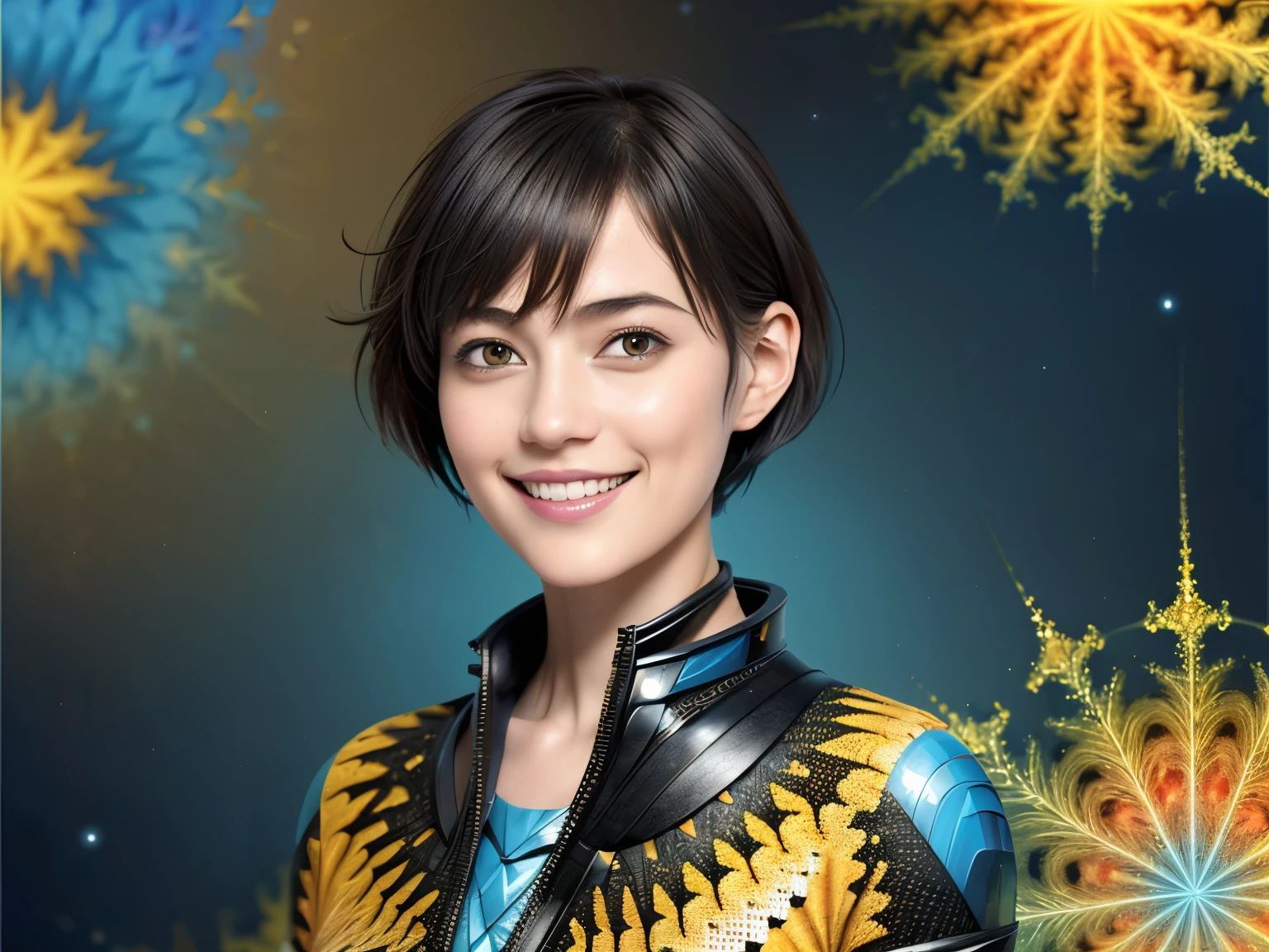 256 19-year-old female, (short hair),(Abstract background,Fractal Art:1.46), smile
