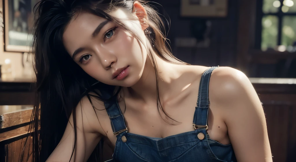 a photo by pho3b3cat3s, beautiful woman, ((18 years old)), bar, lingerie, denim overalls, 1990s, Retro, long dark hair ponytail, (Masterpiece), (Extremely detailed CG unity 8k wallpaper), intricate, ((photorealistic)),