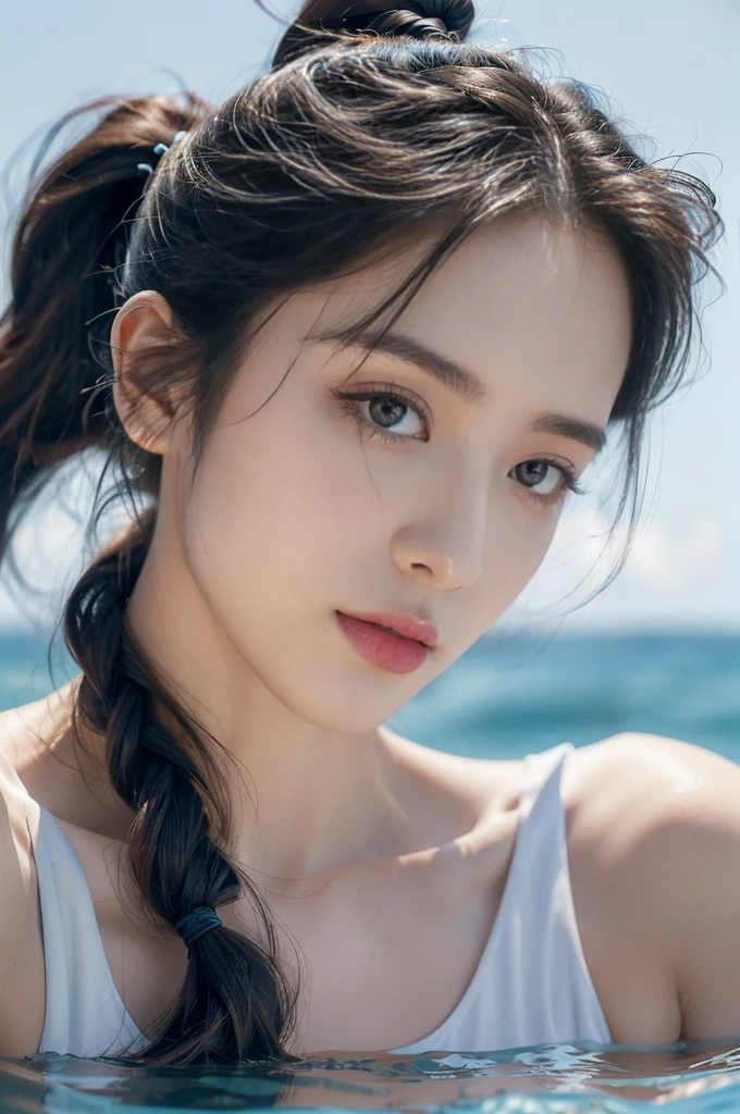 (((best quality))),(((ultra detailed))),(((masterpiece))),illustration,((1girl,naval officer,solo)),(short ponytail:1.2),((slim,thin)),((small breasts,flat chest)),(white tank top:1.3),vibrant colors,ocean background,(on the warship:1.3),majestic,turquoise waves,sun reflection,white clouds,sky,brilliant shade of blue,confident posture,gaze fixed on horizon,wind,gently blows hair,stray strands,flutter in breeze,adventure,excitement,unknown waters,beauty,strength,determination,female power,resilience,striking looks,powerful setting,sea,captivating,inspiring image,viewer,drawn to presence,challenging environment,military service,bravery,dedication,((from front,close-up of face))