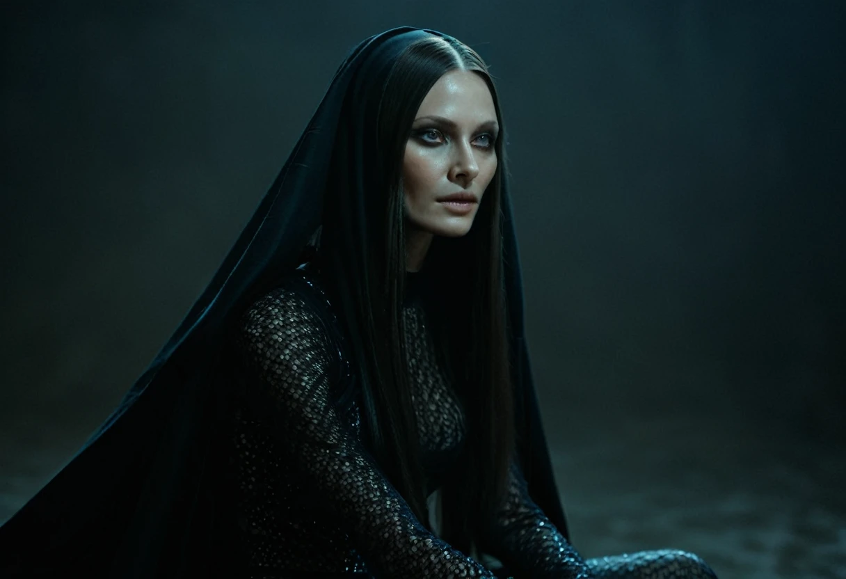 Fashionable of androgynous alien looking witch wearing veil, glowing eyes, beautiful evil slavic muscular woman, pale skin, long hair, futuristic design, minimal details, givenchy, photoreal, 200mm, hd, f/ 2.0, highly detailed, surreal, sitting, light smile, simple black stylish clothes, a slight smiledrop dead, in the style of red and blue, (intricate details, hyperdetailed:1.15) (skin texture:1.2), cinematic, professional, 4k, (((dynamic model pose))), sitting, full body, mesmerizing, dynamic, dramatic, dynamic pose, highly detailed skin with hair, subcutaneous veins, light and shadow play, highly detailed,24mm photograph, bokeh, professional, 4k,