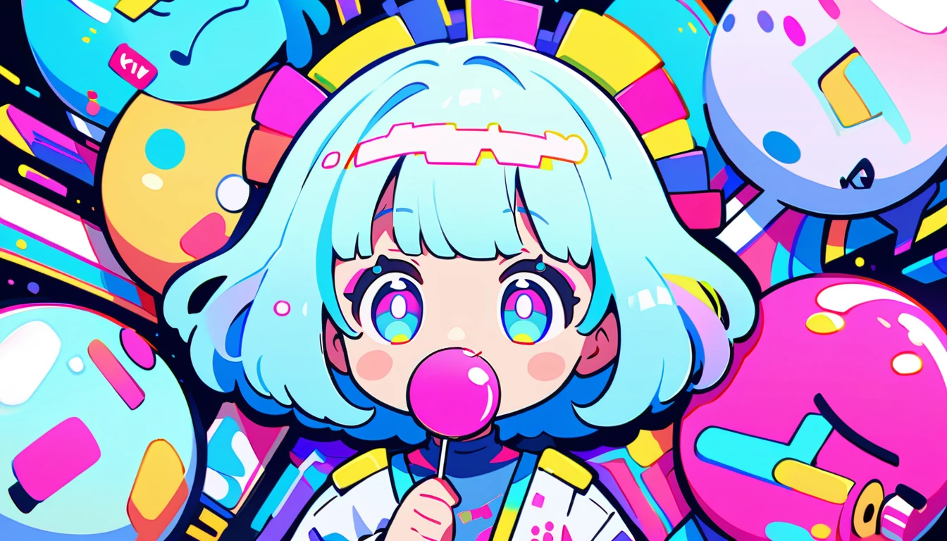 Vibrant art,pop、bright、colorful, 1 female, Light blue hair, short hair、Happy,cute, animation style, kawaii, clearly, colorful cyberpunk, bubblegum pop, cute、Pink and light blue as main colors、I'm cheering loudly、 Headphonesをしている、Headphoneusic、buzzer、buzzer, tropical,