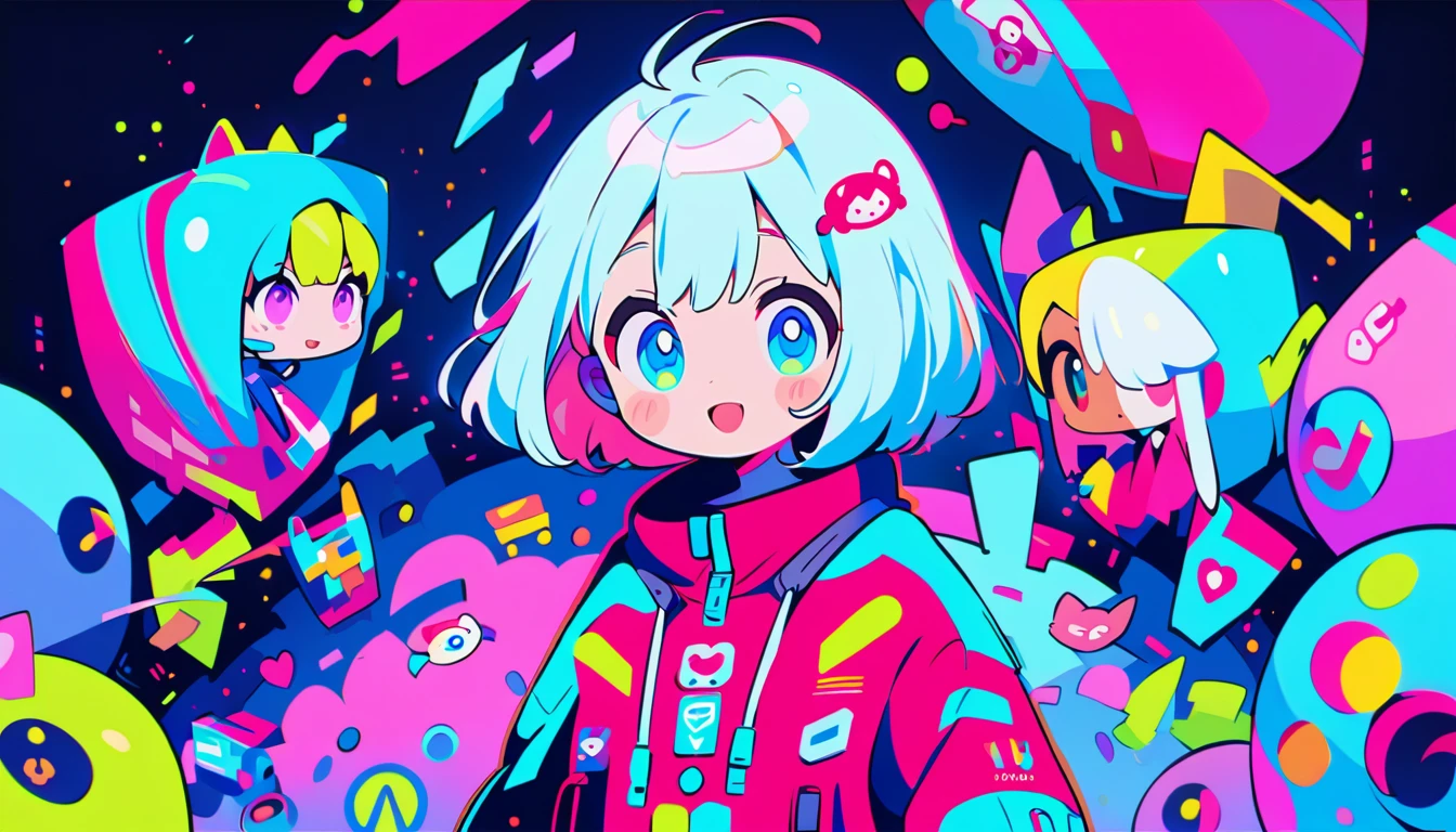 Vibrant art,pop、bright、colorful, 1 female, Light blue hair, short hair、Happy,cute, animation style, kawaii, clearly, colorful cyberpunk, bubblegum pop, cute、Pink and light blue as main colors、I'm cheering loudly、 Headphonesをしている、Headphoneusic、buzzer、buzzer, tropical,