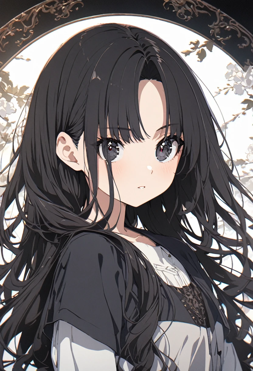 Super detailed,(Highest quality),((masterpiece)),(High resolution),original,Highly detailed 8k wallpaper,(Very delicate and beautiful),Highest_hand,anime,Black Hair,Long Hair,Parting her bangs,Center parted bangs,Softly curled hair,流行のcute女の子,black eye,Black bare-chested clothing,cool,Stylish,流行のStylish,cute,Upper body only,Beautiful pupils,White background