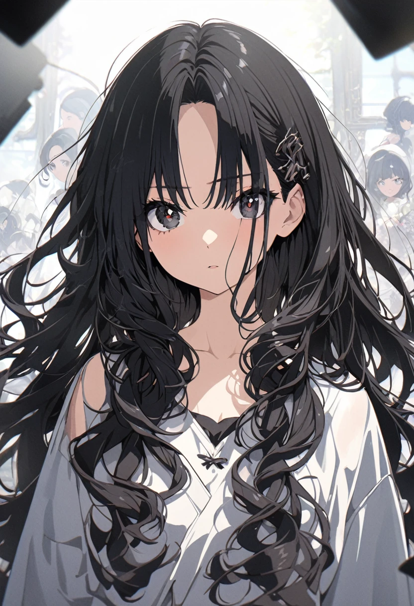 Super detailed,(Highest quality),((masterpiece)),(High resolution),original,Highly detailed 8k wallpaper,(Very delicate and beautiful),Highest_hand,anime,Black Hair,Long Hair,Parting her bangs,Center parted bangs,Softly curled hair,流行のcute女の子,black eye,Black bare-chested clothing,cool,Stylish,流行のStylish,cute,Upper body only,Beautiful pupils,White background