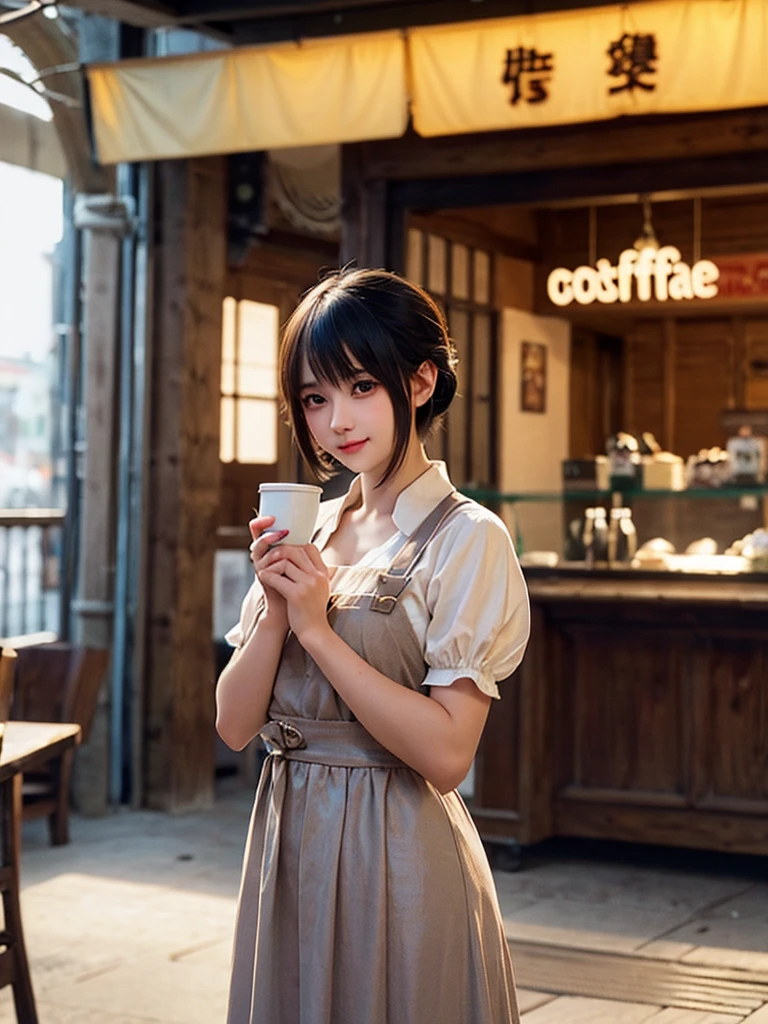 girl in a coffee shop, beautiful detailed eyes, beautiful detailed lips, extremely detailed eyes and face, long eyelashes, realistic young anime girl, cute natural anime face, kawaii realistic portrait, realistic anime 3d style, cute kawaii girl, attractive anime girl, photorealistic anime, mysterious coffee shop girl, young anime girl, cute anime girl, anime girl with short hair, holding a cup of coffee, cinematic lighting, intricate details, highly detailed, hyper realistic, vibrant colors, soft focus, chiaroscuro lighting, ambient occlusion, volumetric lighting, physically-based rendering, masterpiece, digital art, 8k, high resolution