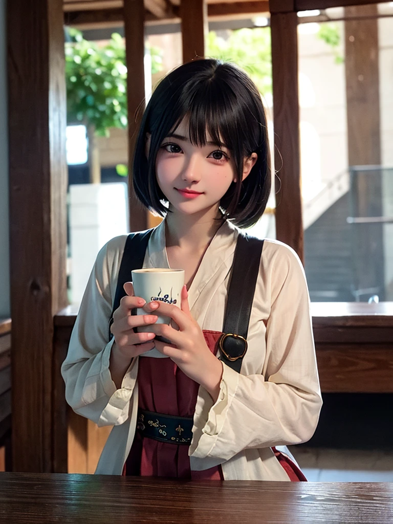 girl in a coffee shop, beautiful detailed eyes, beautiful detailed lips, extremely detailed eyes and face, long eyelashes, realistic young anime girl, cute natural anime face, kawaii realistic portrait, realistic anime 3d style, cute kawaii girl, attractive anime girl, photorealistic anime, mysterious coffee shop girl, young anime girl, cute anime girl, anime girl with short hair, holding a cup of coffee, cinematic lighting, intricate details, highly detailed, hyper realistic, vibrant colors, soft focus, chiaroscuro lighting, ambient occlusion, volumetric lighting, physically-based rendering, masterpiece, digital art, 8k, high resolution