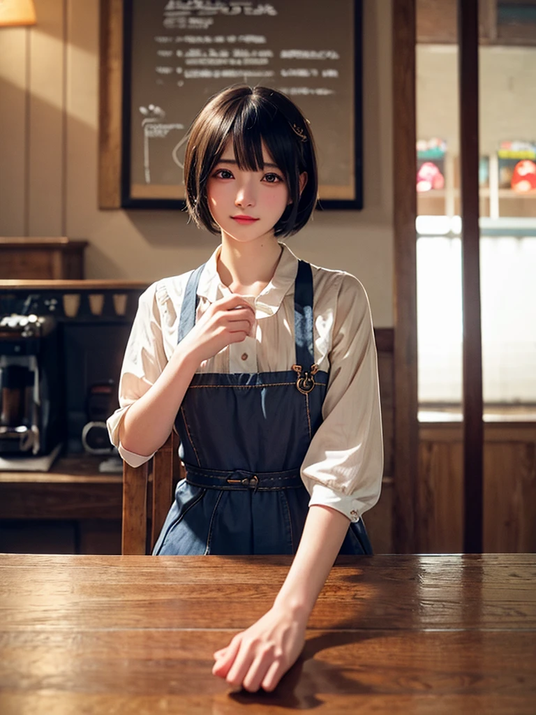 girl in a coffee shop, beautiful detailed eyes, beautiful detailed lips, extremely detailed eyes and face, long eyelashes, realistic young anime girl, cute natural anime face, kawaii realistic portrait, realistic anime 3d style, cute kawaii girl, attractive anime girl, photorealistic anime, mysterious coffee shop girl, young anime girl, cute anime girl, anime girl with short hair, holding a cup of coffee, cinematic lighting, intricate details, highly detailed, hyper realistic, vibrant colors, soft focus, chiaroscuro lighting, ambient occlusion, volumetric lighting, physically-based rendering, masterpiece, digital art, 8k, high resolution