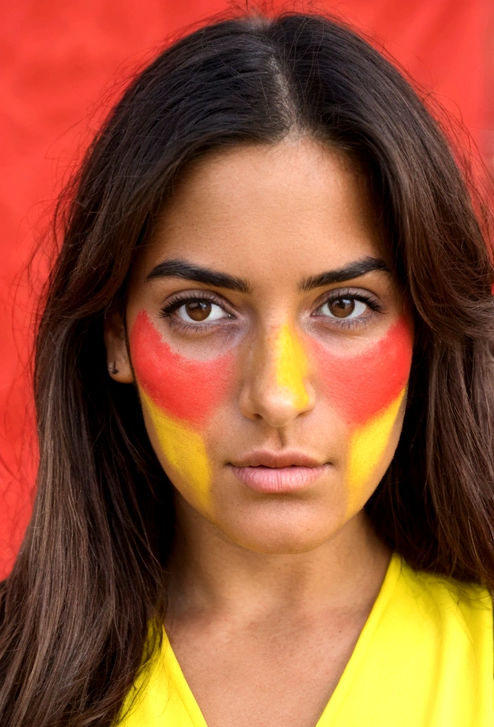 Portrait Woman soccer fan with Spanish features with her face completely painted with the colors of the Spanish flag, red then yellow and again red. Just those three colors, don't add any more.
long hair with winning attitude