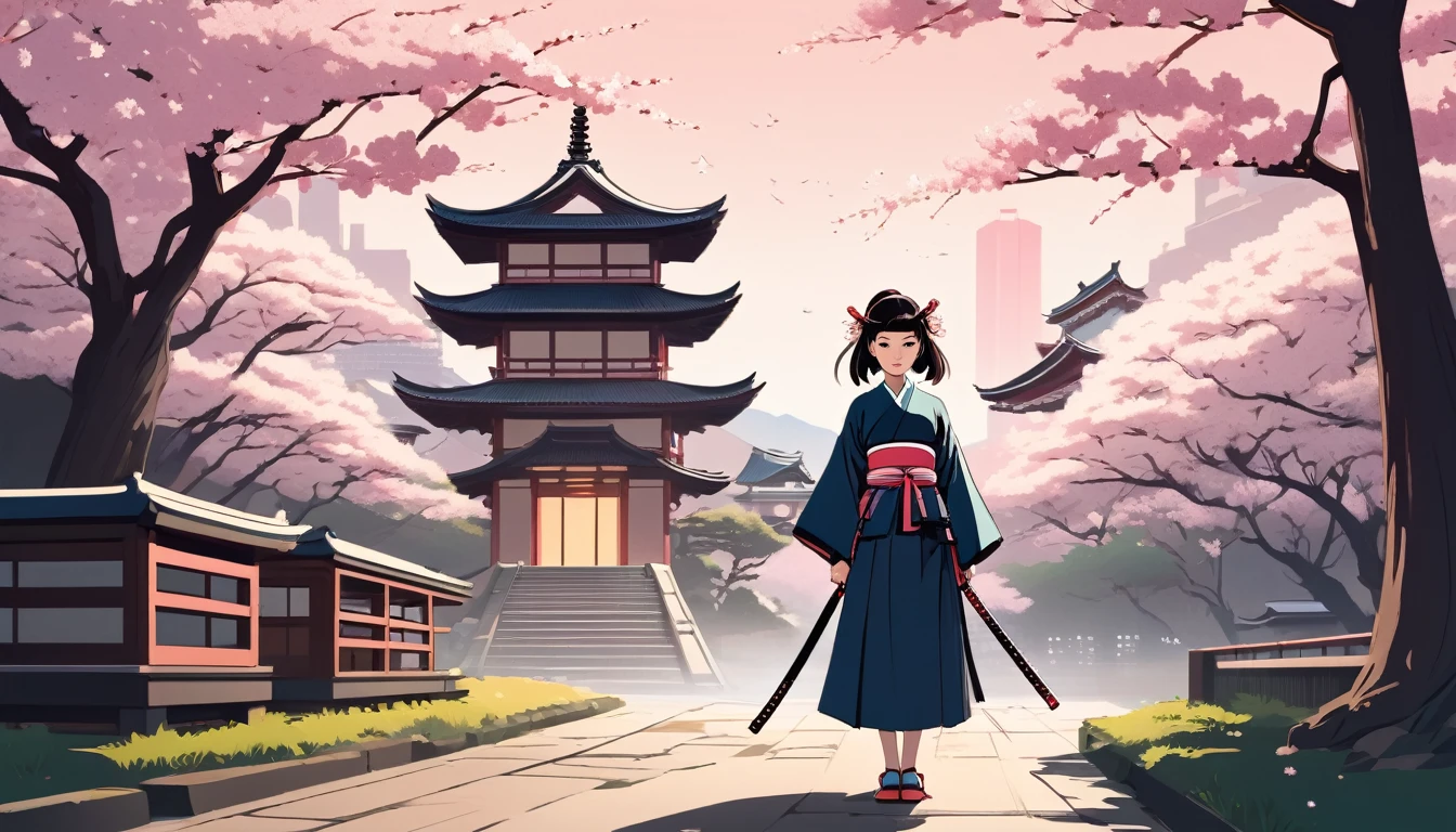 Female samurai,Background is cherry blossoms and a Japanese temple、 Wide-angle lens, Lofi Anime, Lofi illustration, Aesthetic atmosphere, Lo-Fi Style, Vector art, Flat Design, Simple shape, Warm tones, Pleasant atmosphere, Chill, In anime style, Digital drawing, Vector art, Vector logo for t-shirt printing, (Adorable:1.5), (small:1.4), (Playful:1.2), (soft:1.3), (Whimsical:1.1), masterpiece, Highest quality, 8K, Intricate details, grow, Celestial, Mysterious, Picturesque, amazing, Majestic, Magic, Fantasy art, Cover art, dream-like