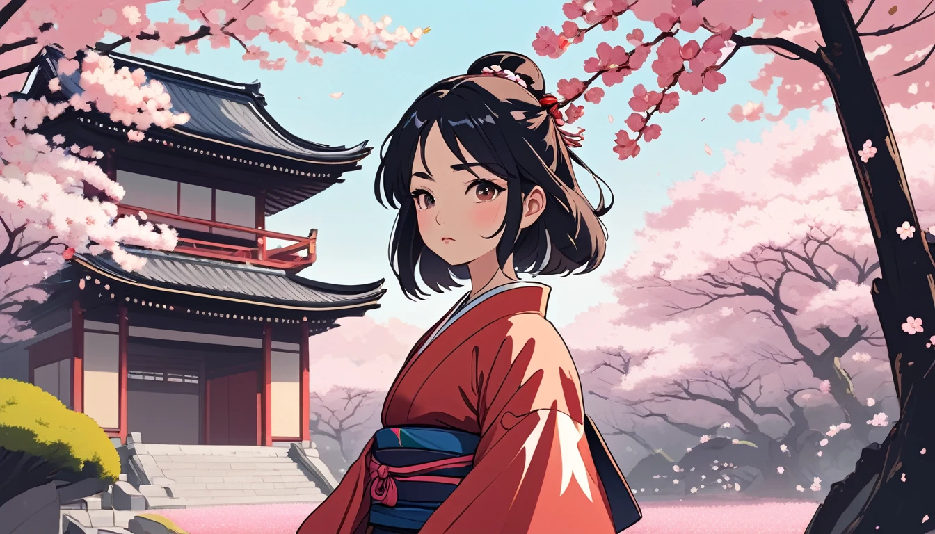 Female samurai,Background is cherry blossoms and a Japanese temple、 Wide-angle lens, Lofi Anime, Lofi illustration, Aesthetic atmosphere, Lo-Fi Style, Vector art, Flat Design, Simple shape, Warm tones, Pleasant atmosphere, Chill, In anime style, Digital drawing, Vector art, Vector logo for t-shirt printing, (Adorable:1.5), (small:1.4), (Playful:1.2), (soft:1.3), (Whimsical:1.1), masterpiece, Highest quality, 8K, Intricate details, grow, Celestial, Mysterious, Picturesque, amazing, Majestic, Magic, Fantasy art, Cover art, dream-like