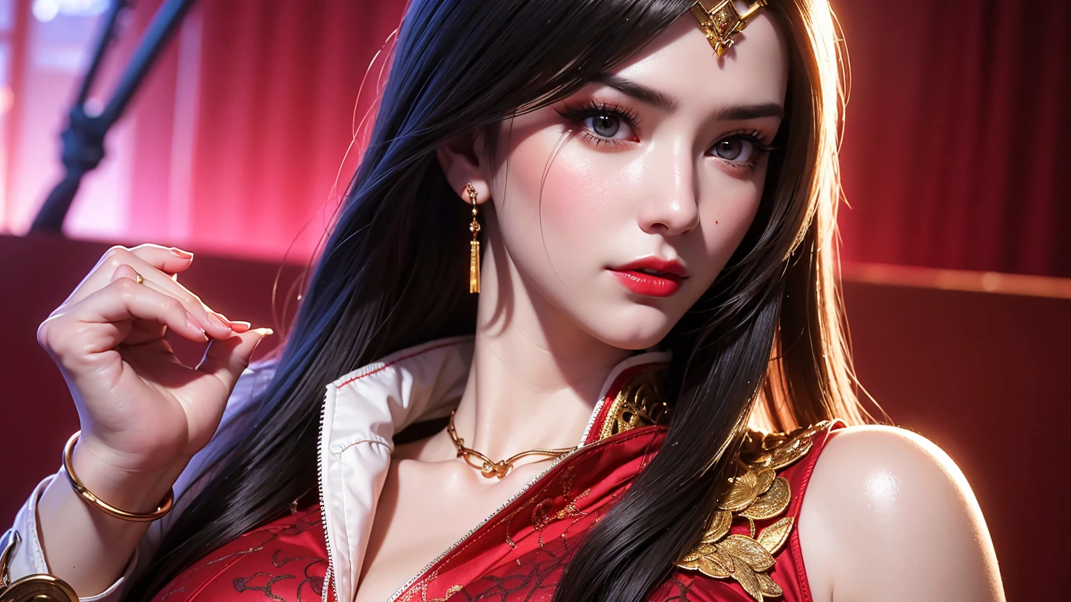 1 very beautiful queen medusha in hanfu dress, thin red silk shirt with many yellow motifs, black lace top, long hair dyed black, beautiful hair jewelry, pretty face pretty and cute, perfect face, earring jewelry, head and hair jewelry, antique jewelry, big red eyes, sharp eye makeup, meticulous makeup eyelashes, thin eyebrows, nose tall, pretty red lips, no smile, ((closed mouth:0.6)), pursed lips, rosy cheeks,  augmentation, wide , , well-proportioned , slim waist, red mesh stockings with black lace, Chinese hanfu style, fictional art patterns, colors vivid and realistic, RAW photos, realistic photos, ultra-high quality 8k surreal photos, cool photos, (virtual lighting effects: 1.8), 10x pixels, magic effects (background): 1.8), super detailed eyes, beautiful girl body portrait, girl alone, ancient hanfu background, looking directly at the audience, wide original photo, 8k quality, super sharp, detailed and clear picture best, detailed light background,1 girl.