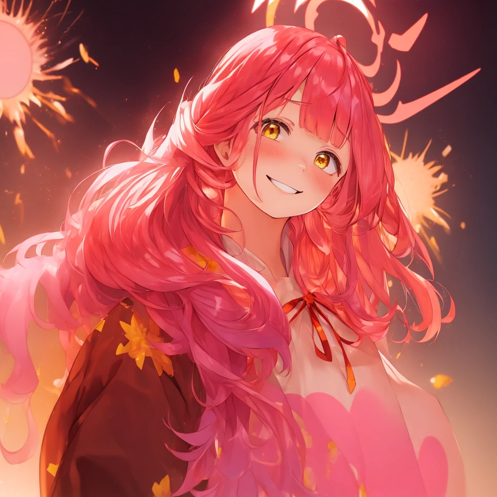 (((Exploding background))),Jump up.stagnated,Teary-eyed,horns, bangs, long_hair, pink_hair, halo, ribbon, smile, neck_ribbon, blush, breasts, red_ribbon, yellow_eyes.