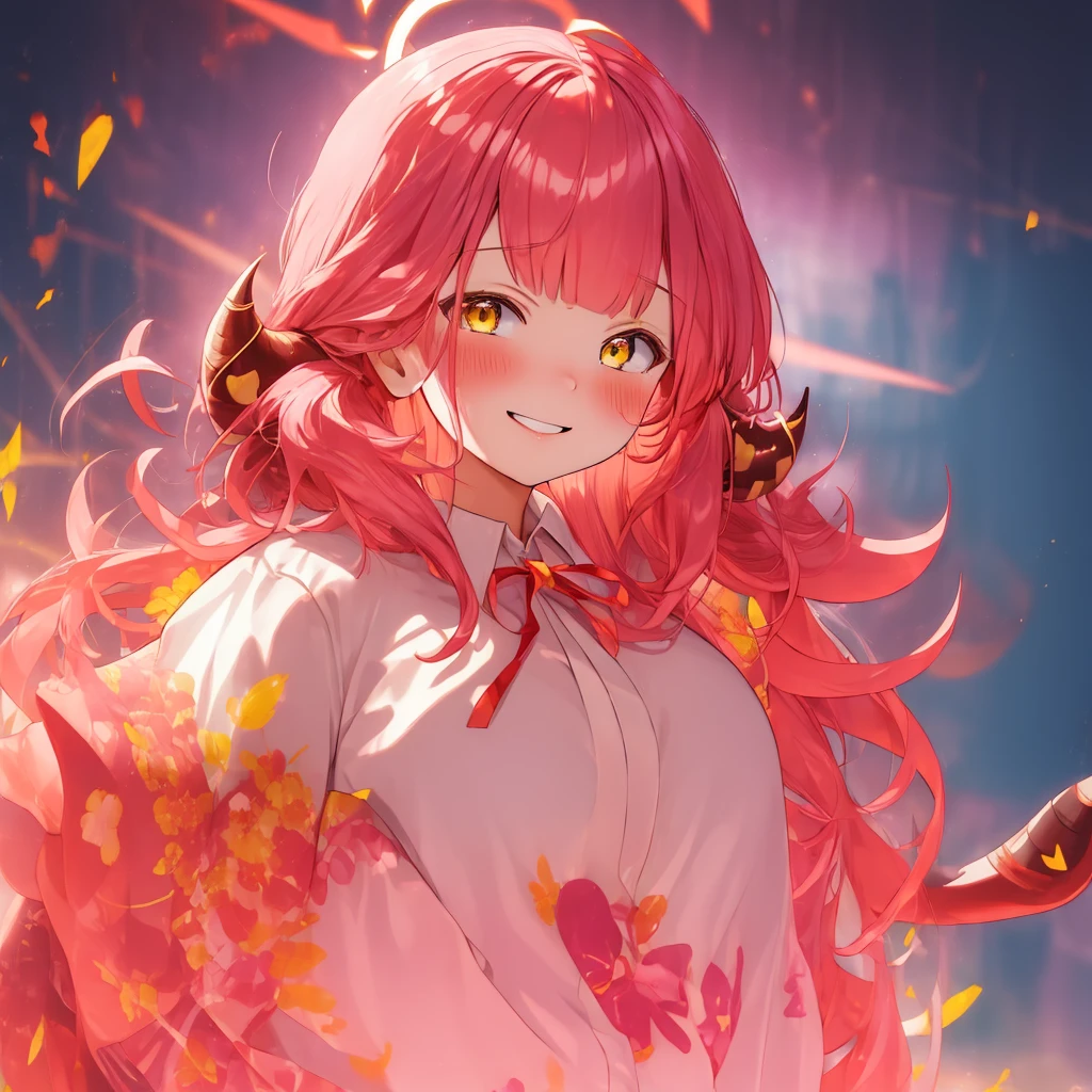 (((Exploding background))),Jump up.stagnated,Teary-eyed,horns, bangs, long_hair, pink_hair, halo, ribbon, smile, neck_ribbon, blush, breasts, red_ribbon, yellow_eyes.