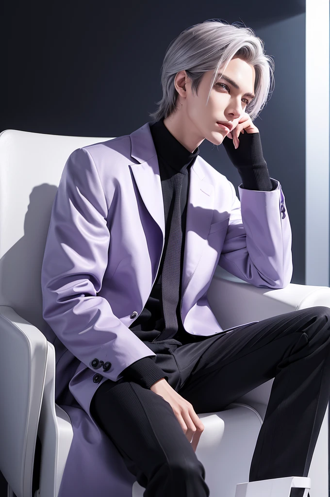 handsome, good-looking young man
slender
slender
silver hair
Purple eyes
Cyber Systems Laboratory
Laboratory of the Dark Future
Researchers
white coat
Bite a ballpoint pen with your teeth.
Thinking
Cartoon style illustration
Luxurious black chair
Sit down
