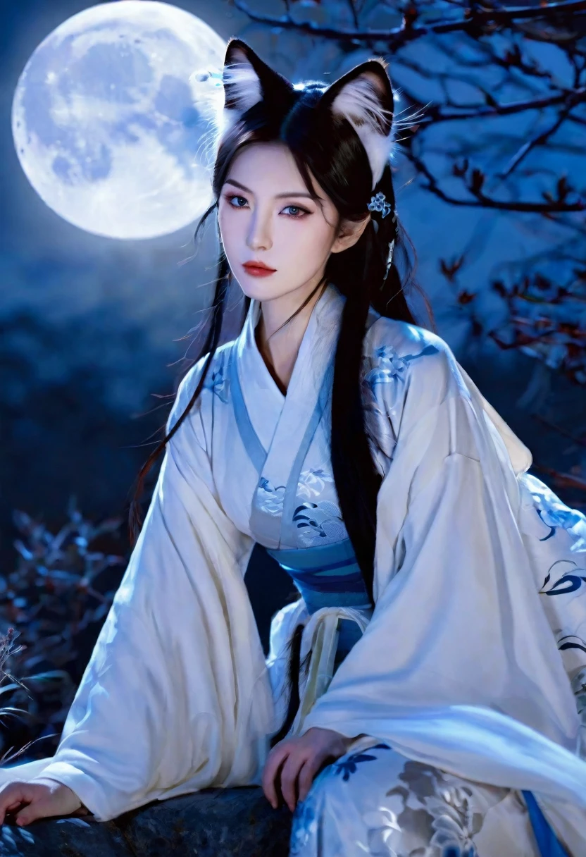 Apparition,Girl, Cat ear, Beautiful oriental woman, Moonlit Night Background , Realistic Women, lovely,Japanese