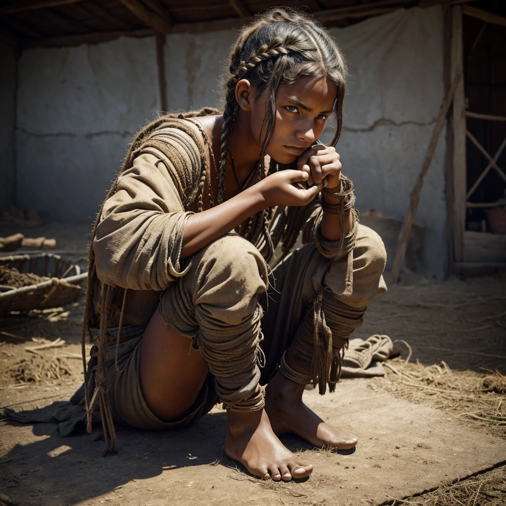 Roman Slave Girl, Slavic Tribe , Working On A Pig Farm, 23 Years Old, Exhausted By Hard Work, A Worn-Out Mare By Hard Labor, Tanned To Black From Dirt And Sun, Barefoot, Ragged, Beautiful But Exhausted Face, Dirty Hair, Somehow Braided, In An Old Torn Sacking That Replaces Her Short Tunic, Leaky And Dilapidated, High Texture Burlap, Body, Rural Italy, Cgsociety Of The Whole Body, Highly Detailed Cgsociety, Realistic Anime In 3d, Cgsociety Artstation, Realistic Anime Style 3d, Anime Style 3d, Dawn Cgsociety, Humanoid Woman, Cgsociety High Definition, Cgsociety Uhd 4k With High Details
